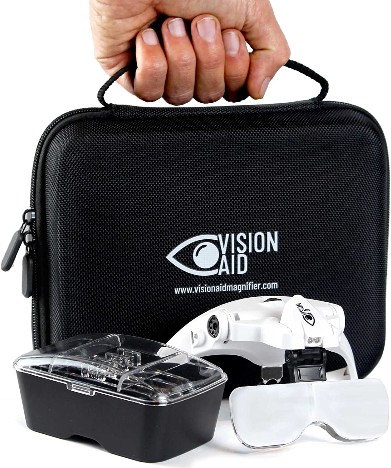 Vision Aid Magnifying Glasses with LED Light, 5 Lenses, Headband, Storage Case | Hands Free Lighted Head Mount Magnifier for Hobby Crafts Macular Degeneration Cross Stitch Diamond Painting Close Work image number 4