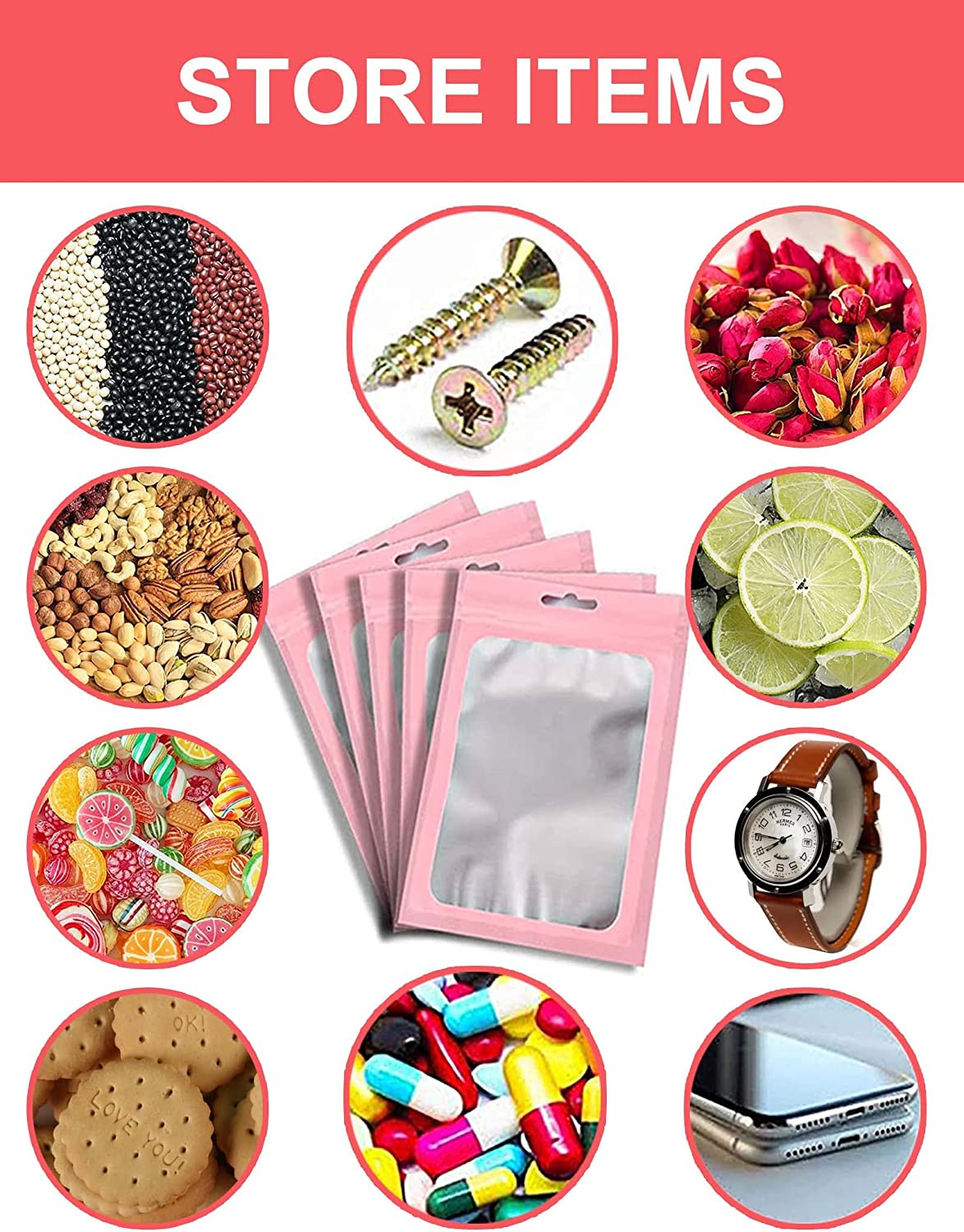 100 PCS Candy Food Bags, Resealable Bags for Small Business with Zip Lock,Reusable Smell Proof Mylar Bags with Clear Window,Holographic Pouch Bags for Food Storage Snacks Beans Coffee Jewelry (14*20) image number 5