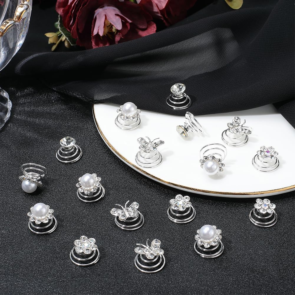 SOFPLATE 1 Box 4 Styles 60Pcs Pearl Twist Hair Pins Rhinestone Hair Pins Bulk Imitation Pearl Sparkle Diamond Flower Butterfly Hairpin for Wedding Bridal Party Prom Christmas Birthday Gift Women Adult image number 5