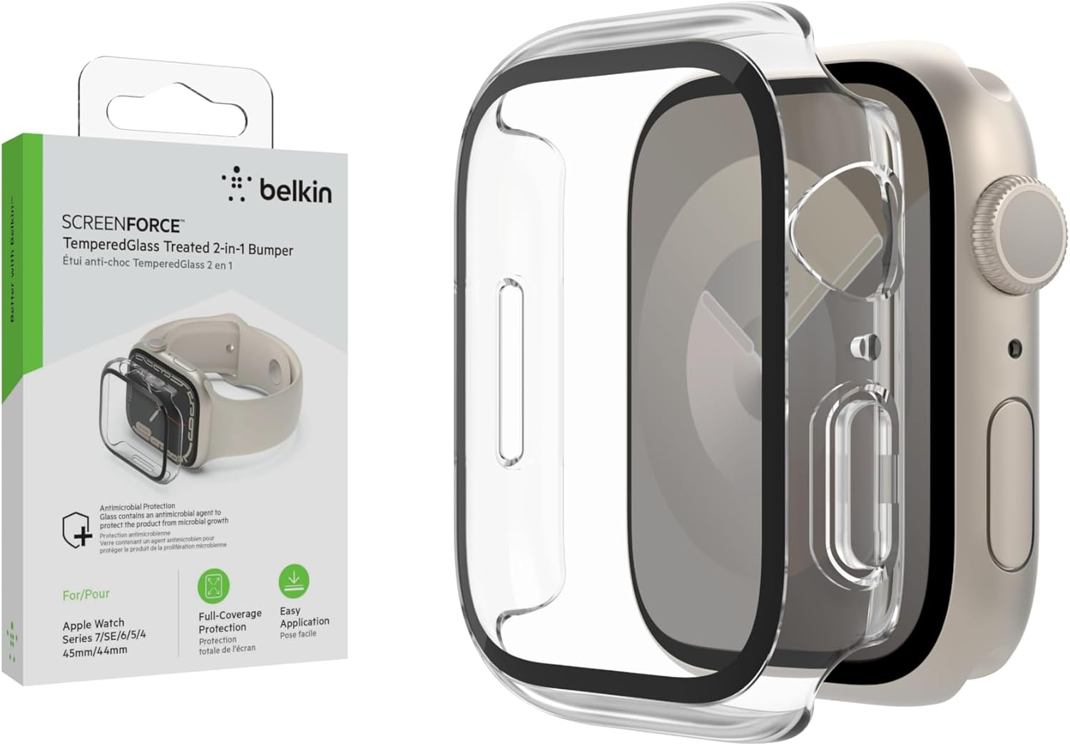 Belkin Temperedcurve Screen Protector for Apple Watch Series 8 with Edge-To-Edge Coverage & Protective Bumper - Tempered Glass Screen Protector, Apple Watch Accessories - Clear