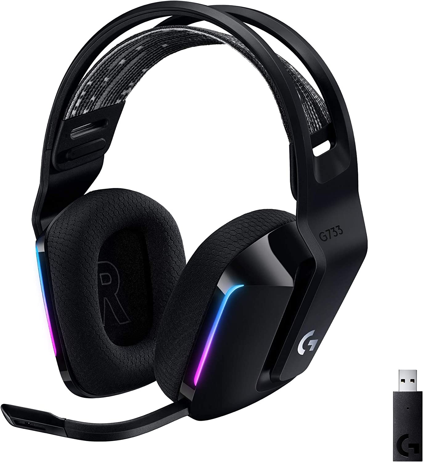Logitech G733 LIGHTSPEED Wireless Gaming Headset with Suspension Headband, LIGHTSYNC RGB, Blue VO!CE Mic Technology and PRO-G Audio Drivers - Black