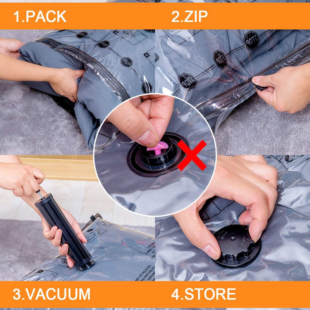 Vacuum Storage Bags (3 X Jumbo, 3 X Large, 3 X Medium, 3 X Small), Space Saver Sealer Compression Bags with Travel Hand Pump for Blankets, Comforters, Pillows, Clothes Storage image number 6