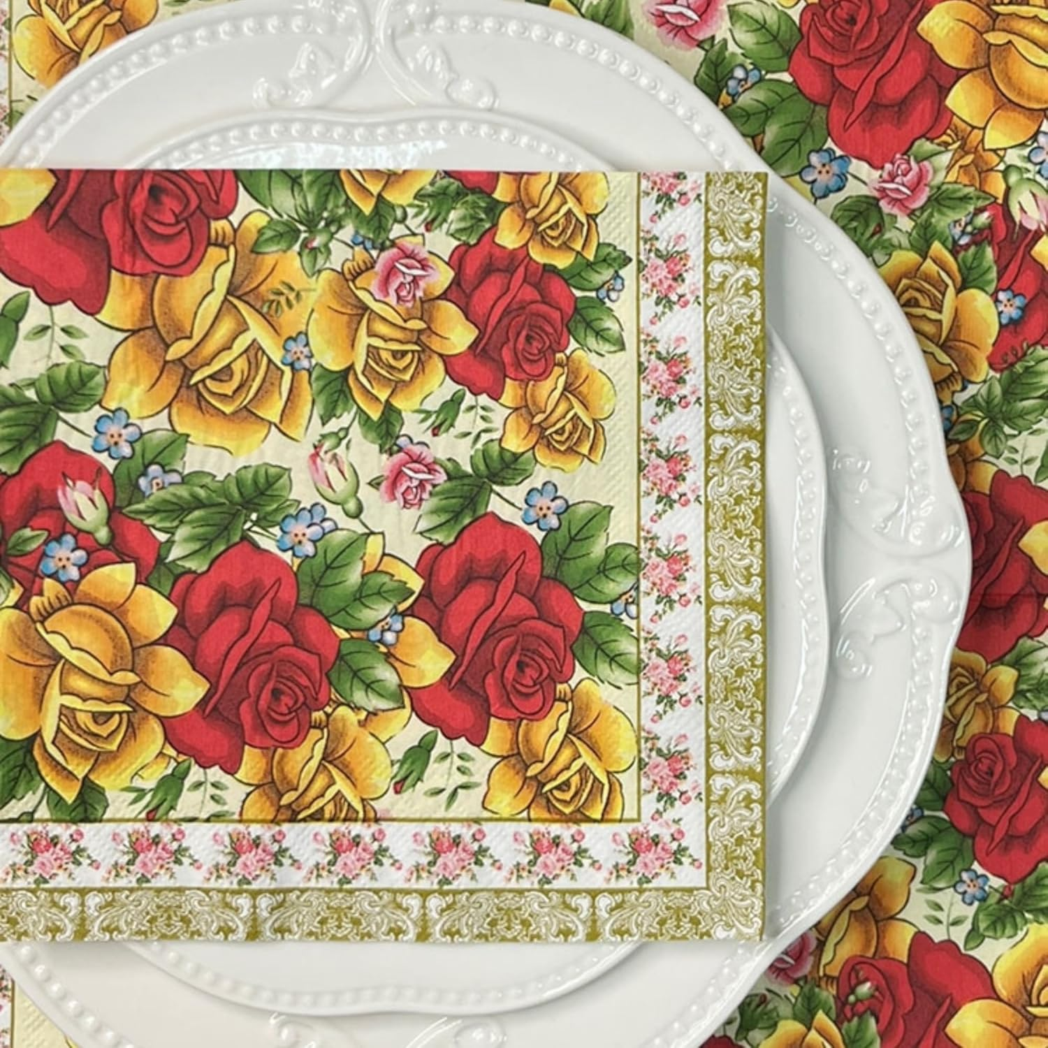 Vintage Full Printed Floral Napkins Paper Disposable Decorative Luncheon Dining Paper Napkins Wedding Bridal Shower Party Napkins 33X33Cm/2-Ply (FR068)