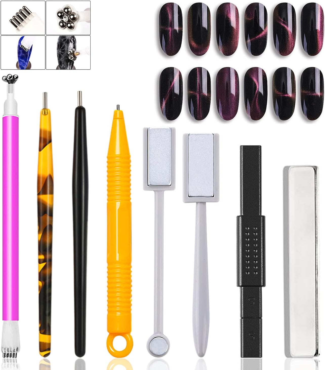 JERCLITY 7 Pieces Cat Eye Magnet for Nails Double-Head Nail Magnetic Stick Multi-Function Magnet Board Square Thickened Cat Eye Strong Magnet Plate Nail Magnet Tool Set for Cat Eye Gel Polish Nail Art