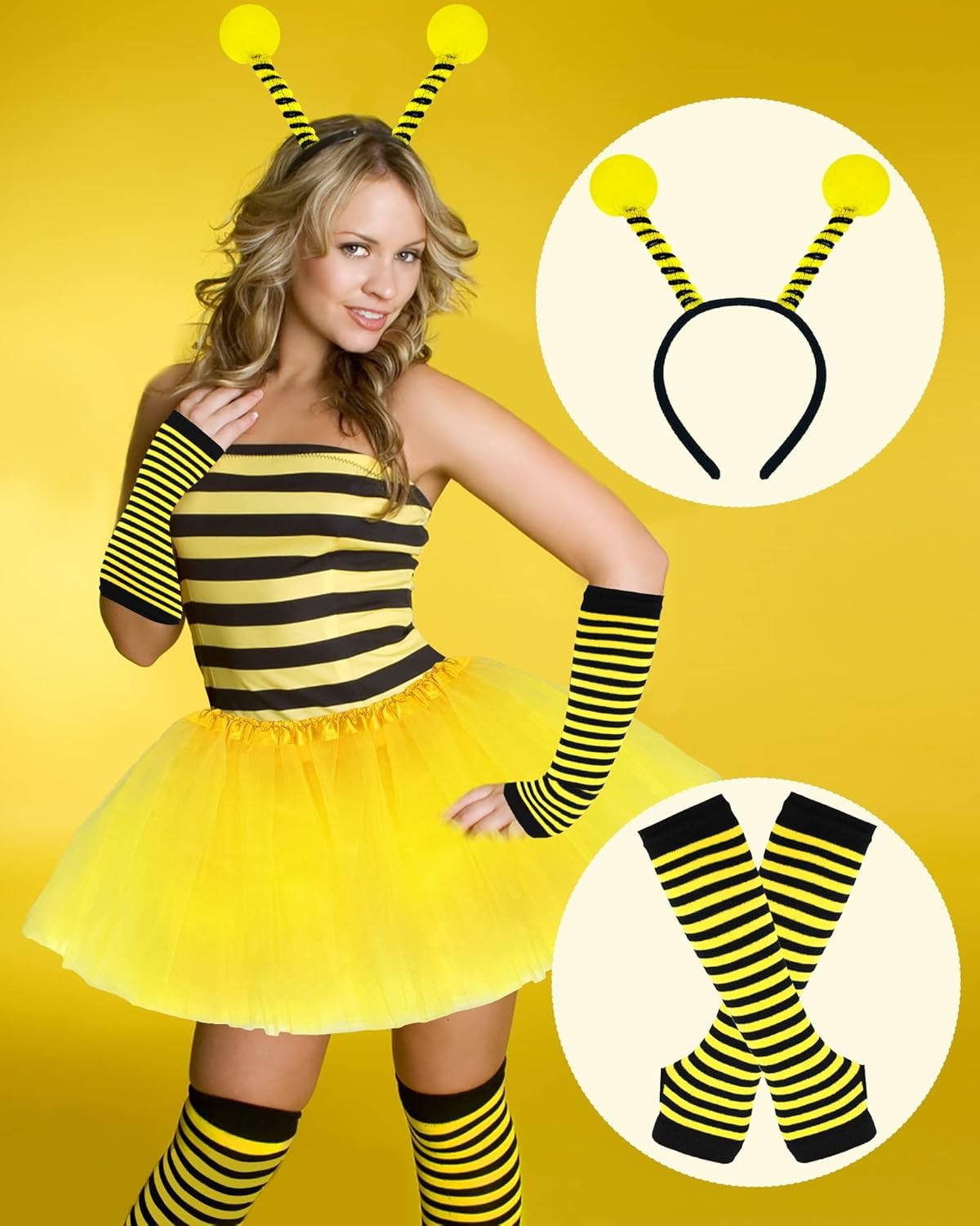 Women'S Adult Bee Costume Set - 4Pcs Honeybee Costume Accessories with Antenna Headband, Tutu Skirt, Leg Warmers, Arm Warmers & Gloves - Yellow - One Size - Halloween