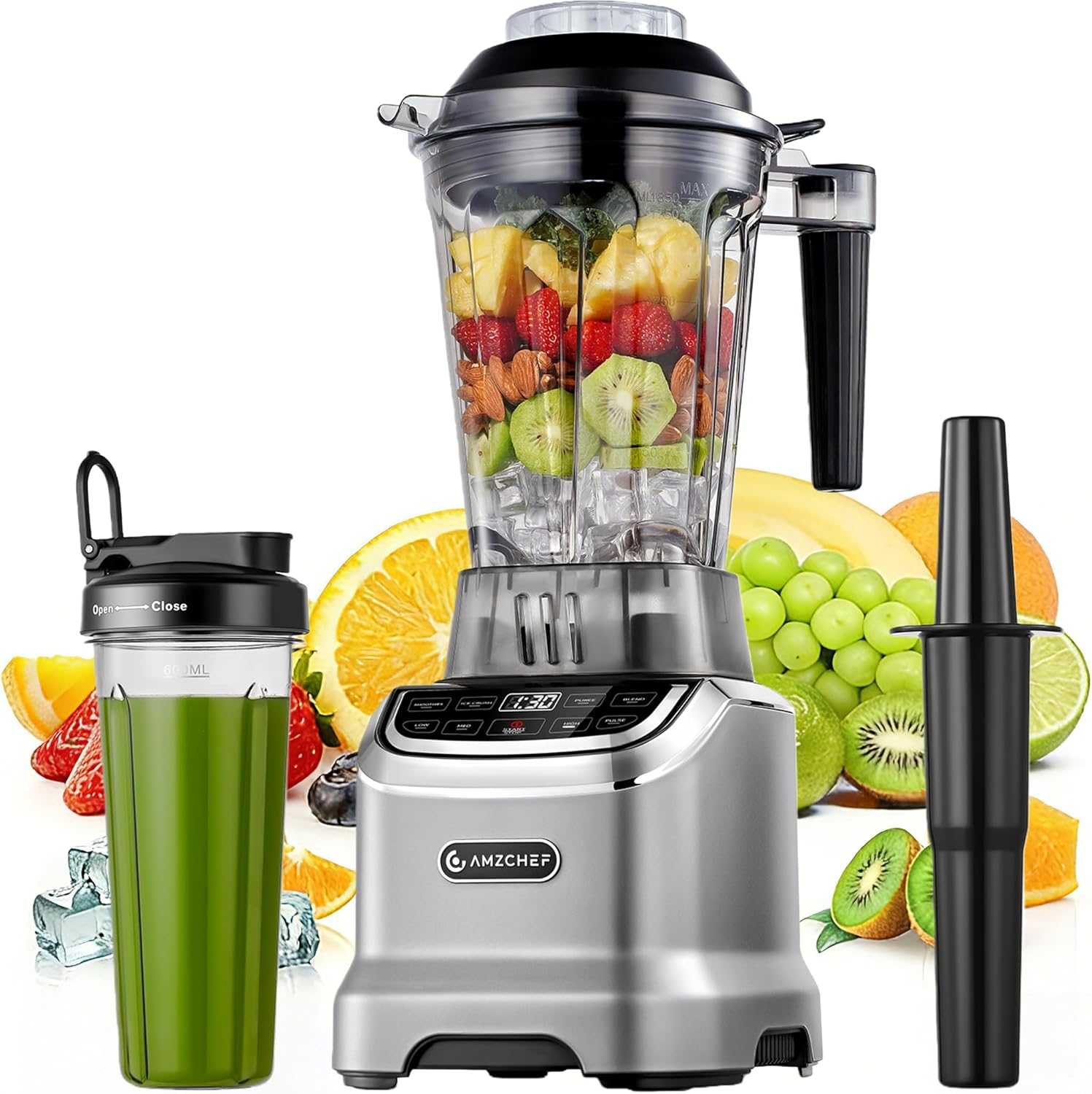 AMZCHEF Jug Blender, MAX 2400W Blender Smoothie Maker with Two Way,1.8L Jug & 600Ml Portable Blender,4 Functions and 3 Speeds, Bpa-Free for Frozen Drinks,Smoothies, Ice Cream, Soup