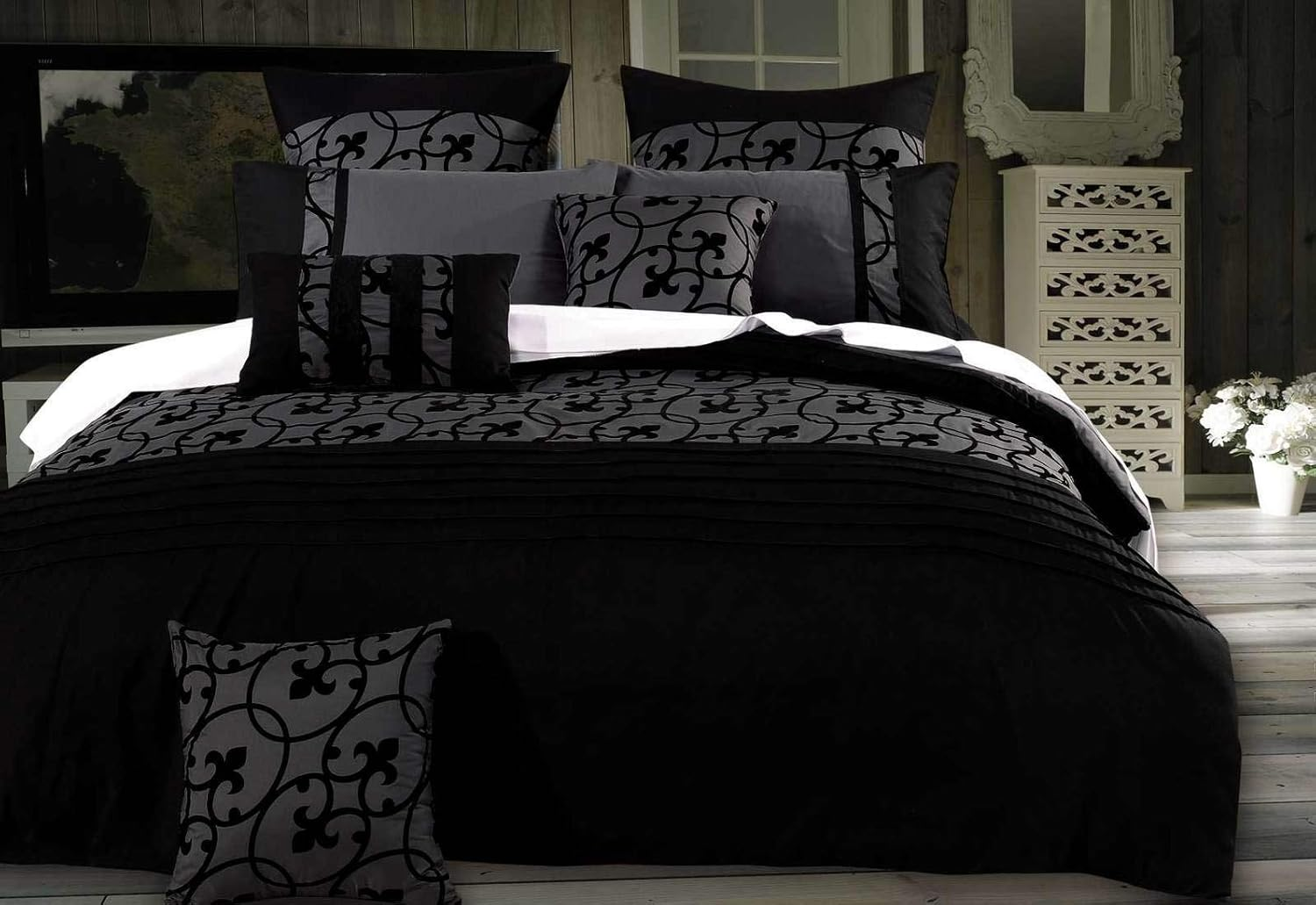 Luxton Lyde Black White Quilt Cover Set, Textured Pintucking Designed 3Pcs Duvet Cover Set (King Size)