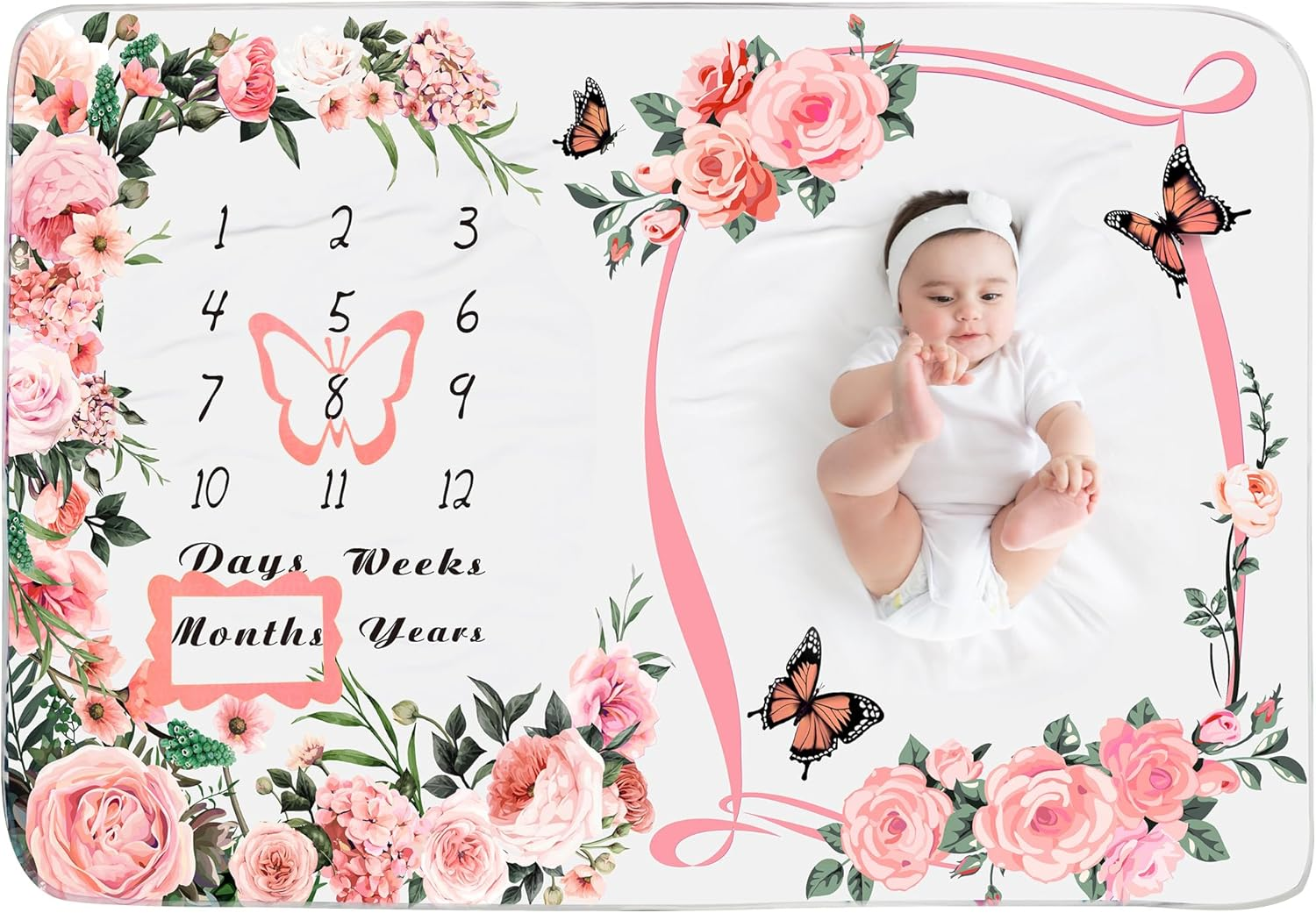Chumia Baby Monthly Milestone Blanket - Floral Butterfly Design, Pink, 39"X59" - Flannel, Single Layered, Baby Milestone Blanket image number 6