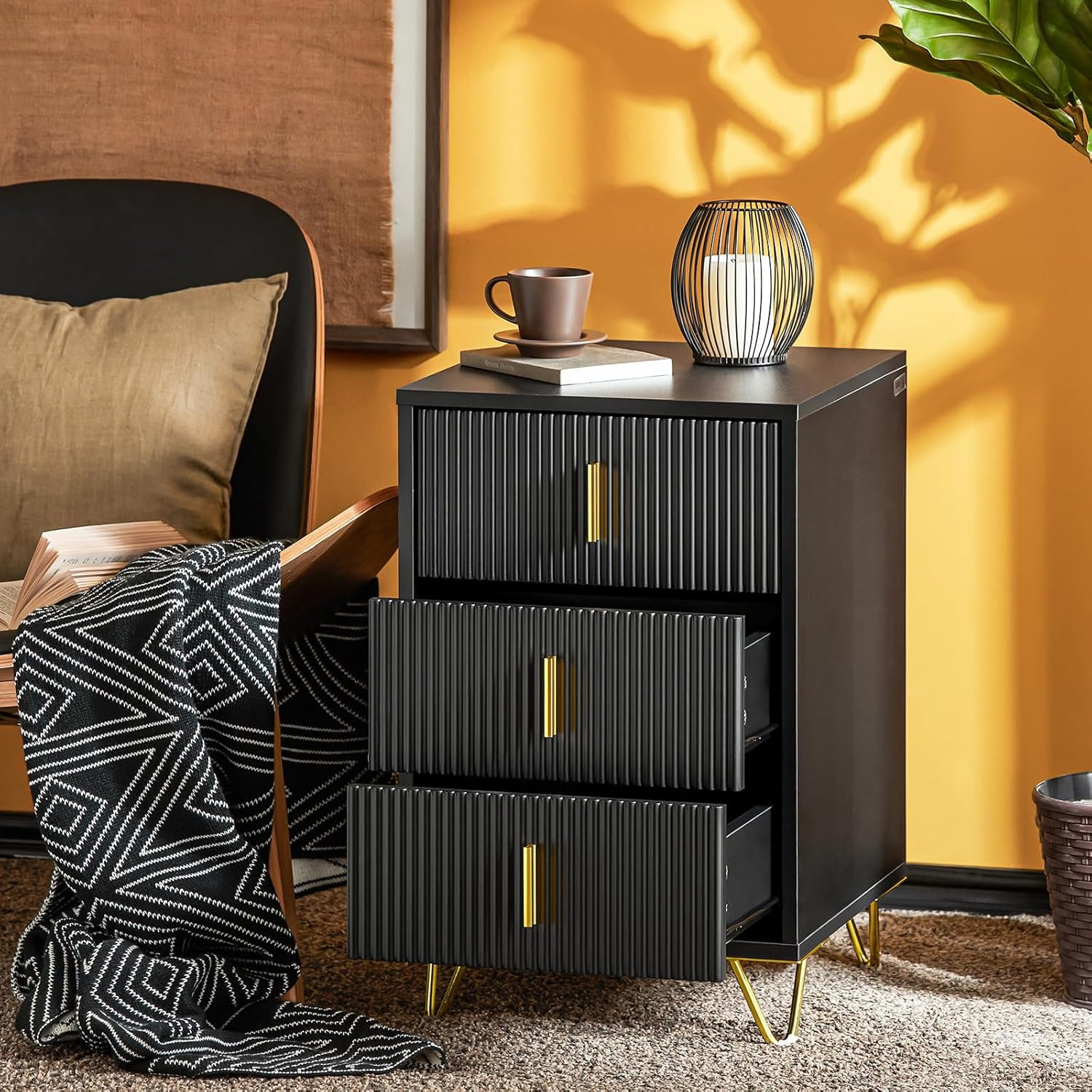 Sobuy Black Nightstand Bedside Coffee Table with 3 Drawers FBT115-L-SCH image number 2