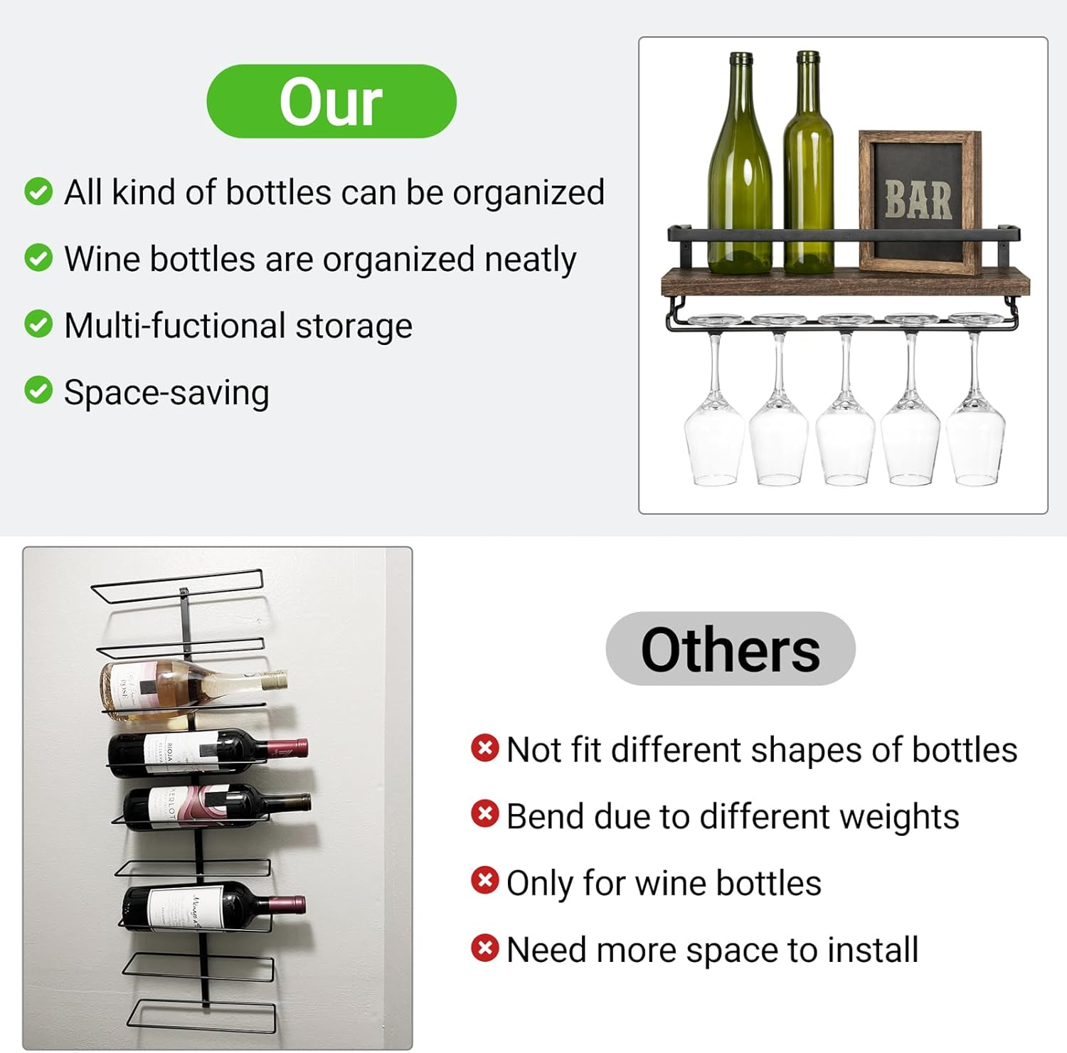 Mkono Wall Mounted Wine Rack Set of 2 Wood Rustic Wine Bottle Glass Floating Shelves with Stemware Hanger Modern Plants Photos Wine Display Storage Holder for Kitchen Dining Room Bar, 17 Inch image number 3