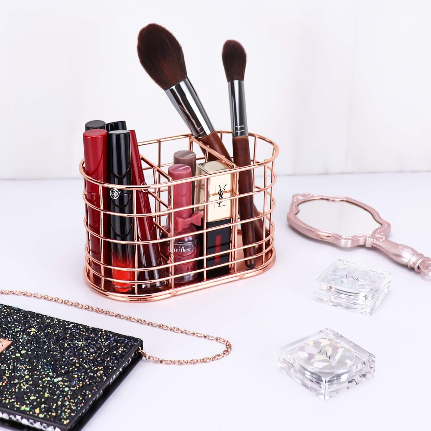 LEORISO Pen Holder with 3 Slots, Metal Desk Accessories Organizer for Home School Office Supplies Organizer, Makeup Brush Holder, Rose Gold image number 3