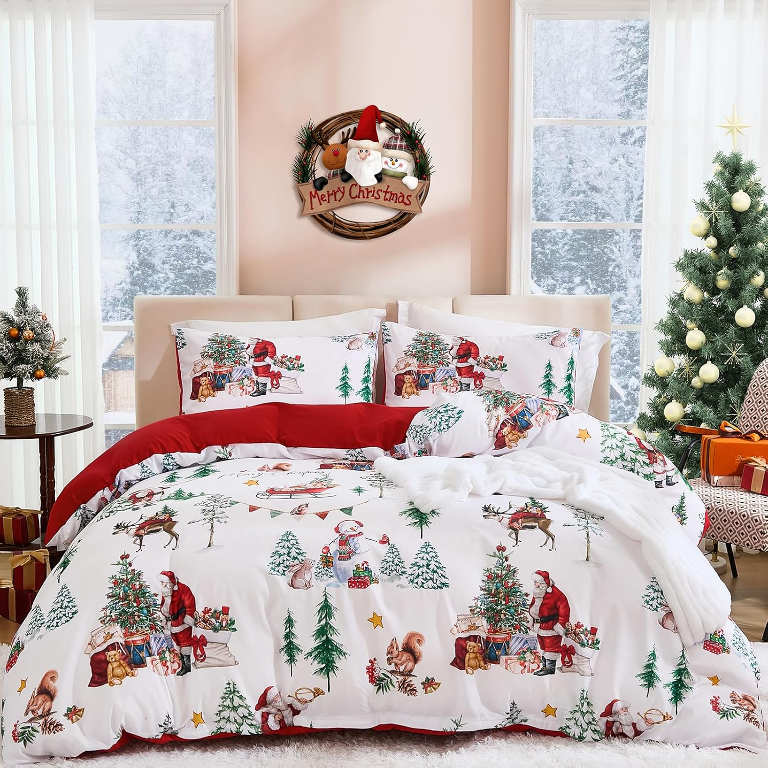 Christmas Duvet Cover Set Queen Wreath Christmas Tree Poinsettia Bedding Set, 3 Piece Soft Microfiber Rustic Green White Winter Holiday Duvet Cover Festival Decor (Zipper Closure,90''X90'')