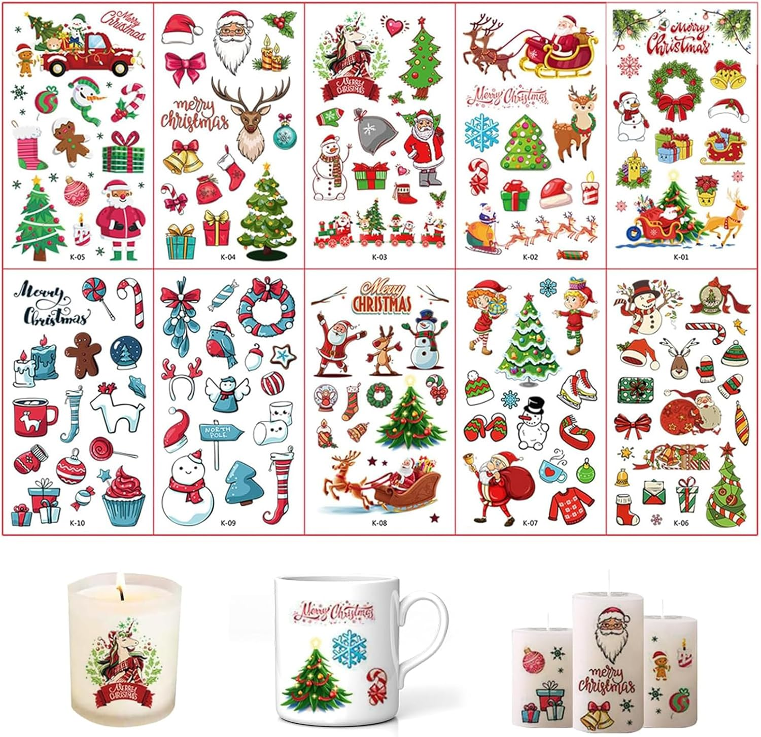 Itadaku 10 Sheets Christmas Temporary Tattoos, Colorful Tattoo Stickers, Fun Festival & Birthday Party Gifts