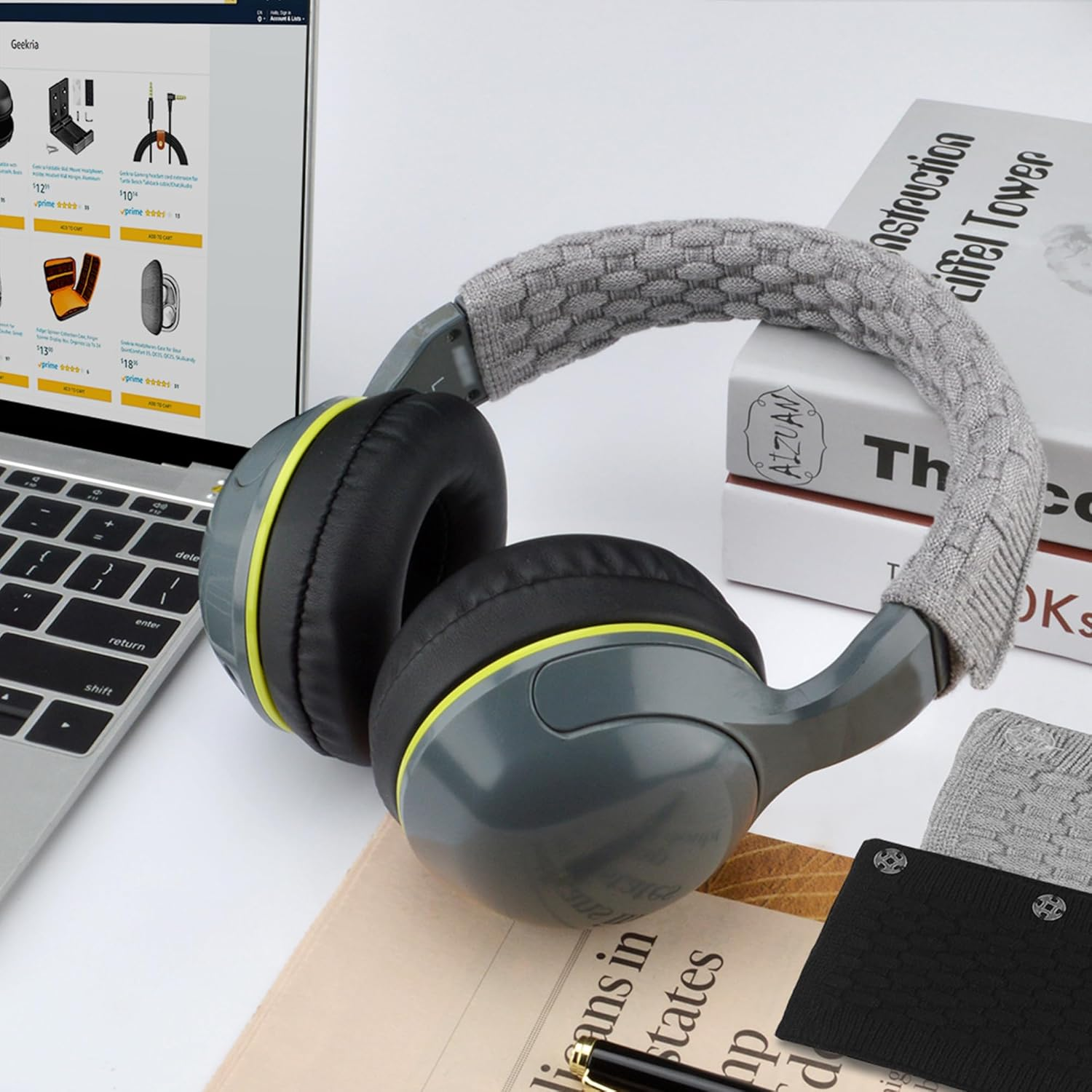 Geekria 2 PCS Knit Fabric Headband Pad Compatible with Bose, AKG, Sennheiser, Sony Headphones, Replacement Band Repair Part (Black + Gray) - Black + Gray image number 4