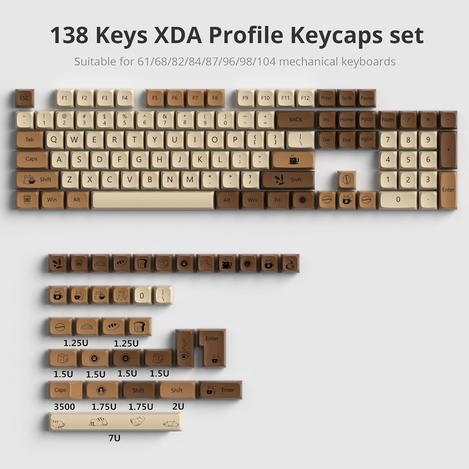 XDA PBT Key Cap, 138 Keys Dye Sublimation Coffee Cat Custome Key Cap Set for Cherry/Gatron MX Switches 60 Percent/68/61 Gaming Mechanical Keyboard