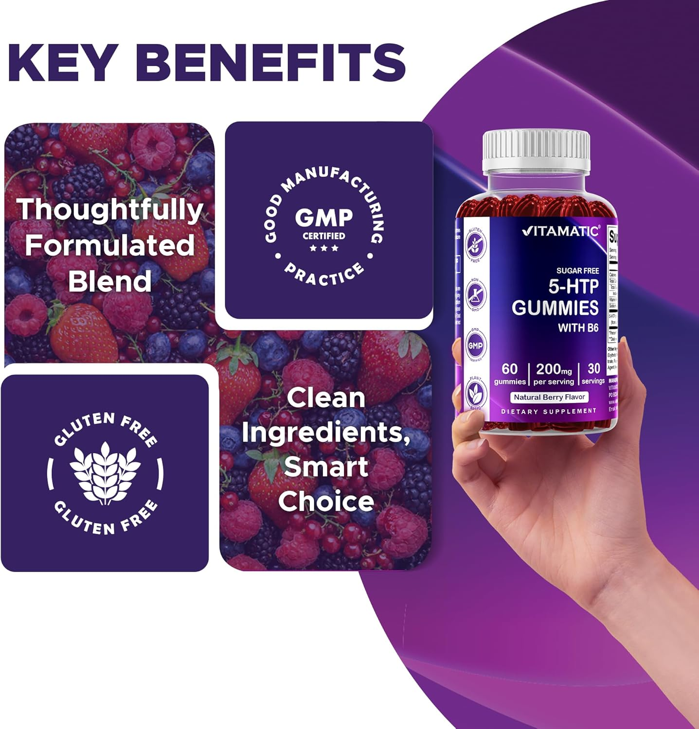 Vitamatic Sugar Free 5-HTP 200Mg Gummies with B6 per Serving - 60 Pectin Based Gummes image number 5