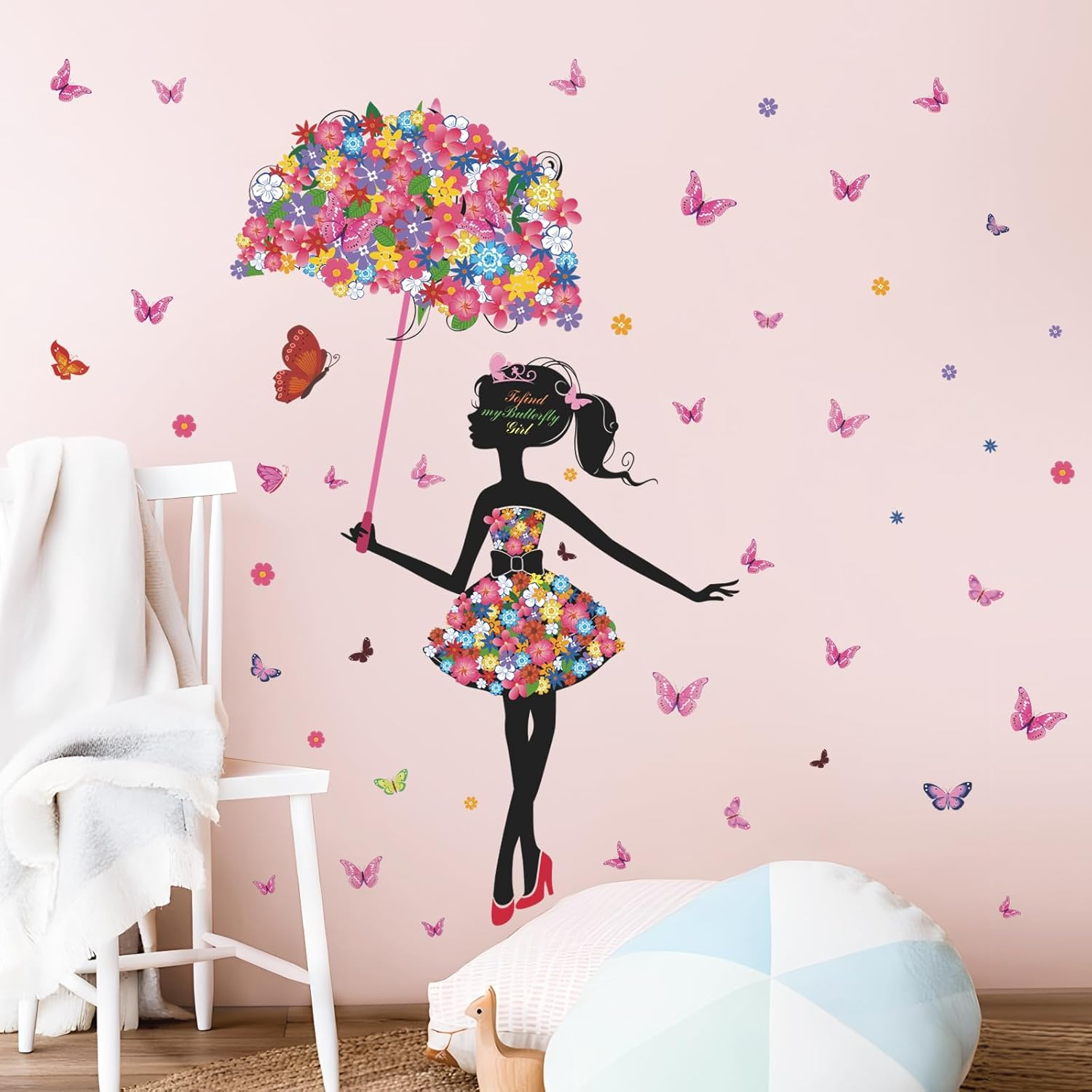 Supzone Flower Fairy Wall Decal Girl with Umbrella Wall Sticker Colorful Butterfly Floral Wall Decor DIY Vinyl Mural Art for Girls Baby Nursery Bedroom Living Room Playroom image number 1