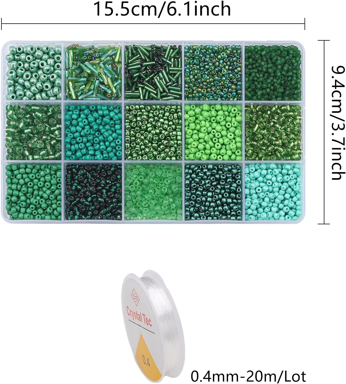 Mix 15 Color Glass Seed Beads .Glass Bugle,Beads Loose Kit for Jewelry Making,Diy Craft Beading, (Green) - Black image number 3