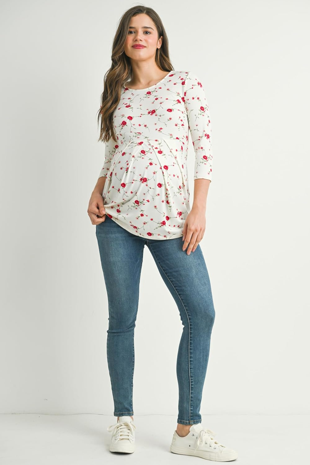 Laclef Women'S round Neck 3/4 Sleeve Front Pleat Peplum Maternity Top image number 2