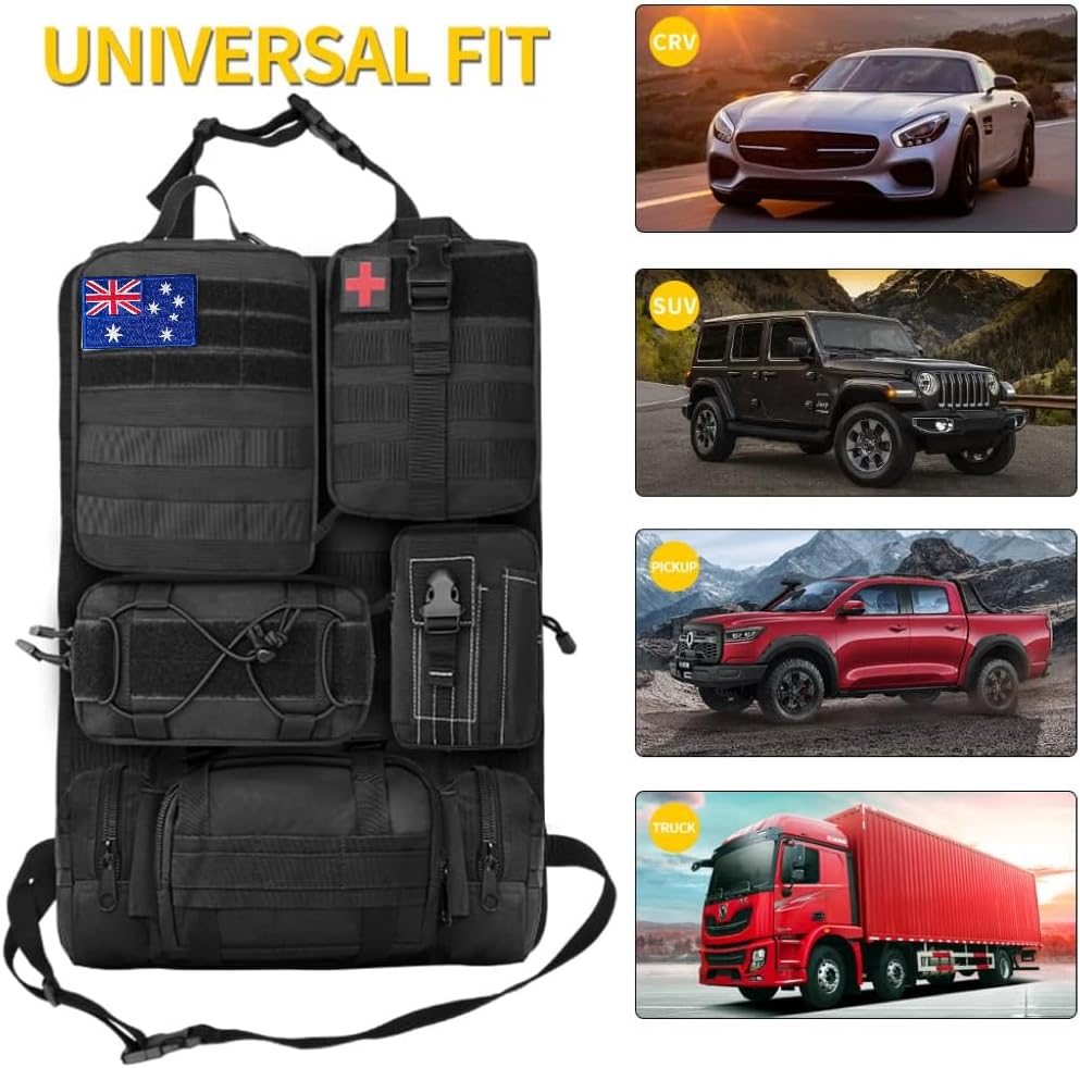 Lxjnfac Universal Tactical Vehicle Seat Back Organizer Panel with 5 Detachable MOLLE Pouches - Medical, Phone, Storage Pouch, Suitable for Vehicles Such as Jeep, Truck, SUV, Ford, Chevrolet, Etc image number 2