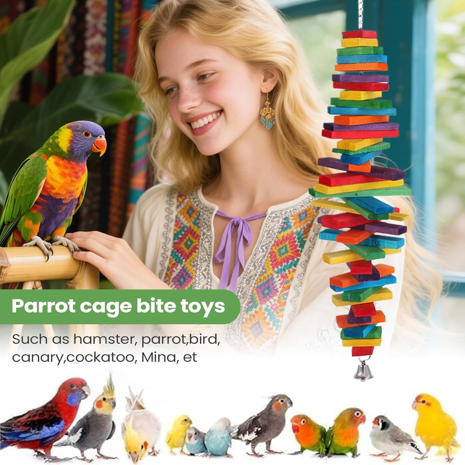 Wiroouia Cockatiel Toys - Adjustable Wooden Swing Chew - Small Bird Chew Toys Cage Accessories - for Enrichment Cockatiel Macaw Myna Pigeon Sparrow Canary Indoor Outdoor Home