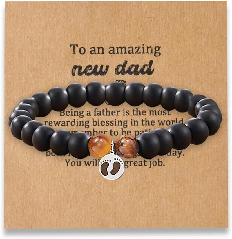 Father Day Gifts for New Dad Birthday Gifts for Dads to Be Gift to Daddy Natural Stone Bracelet with Feet Print Gift