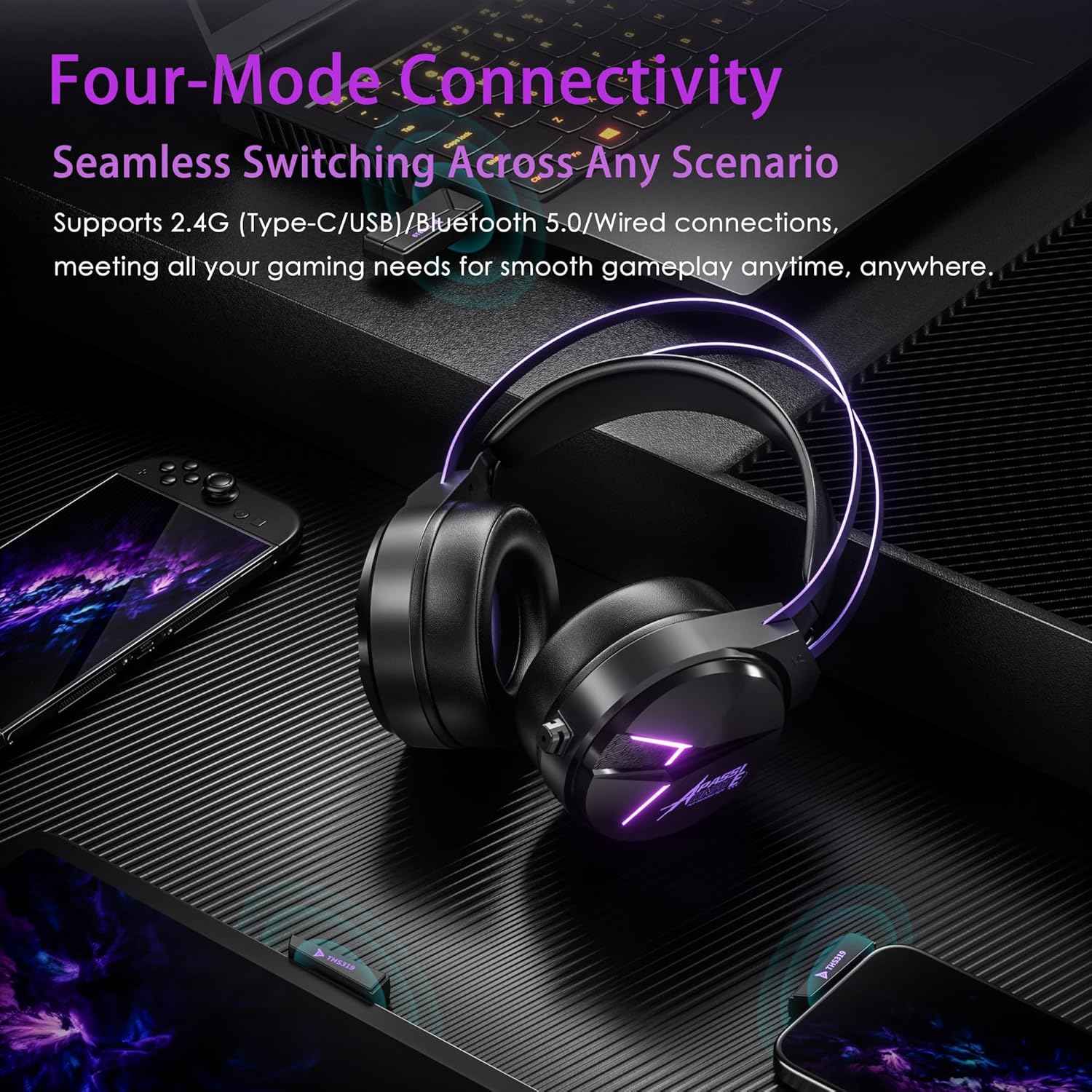 Unisonpet Gaming Headset for Pc,Laptop,Xbox, Ps4, Ps5, Switch,Noise Cancelling over Ear Headphones with Mic,Rgb Light, Soft Memory Earmuffs-Black Purple image number 6