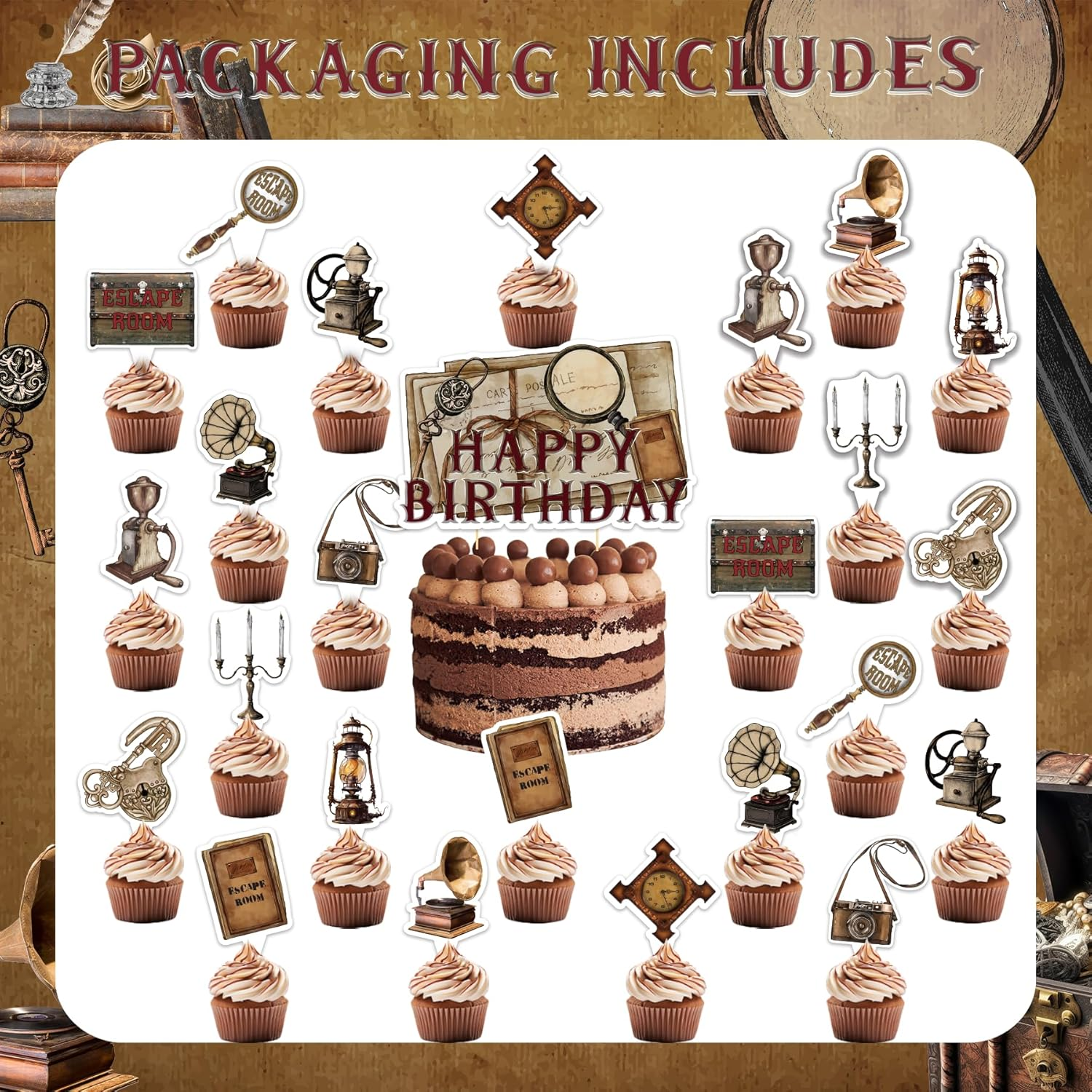 25 Pcs Escape Room Cake Topper Cupcake Toppers Escape Room Cake Decorations for Escape Room Birthday Party Decorations Mystery Escape Room Party Supplies
