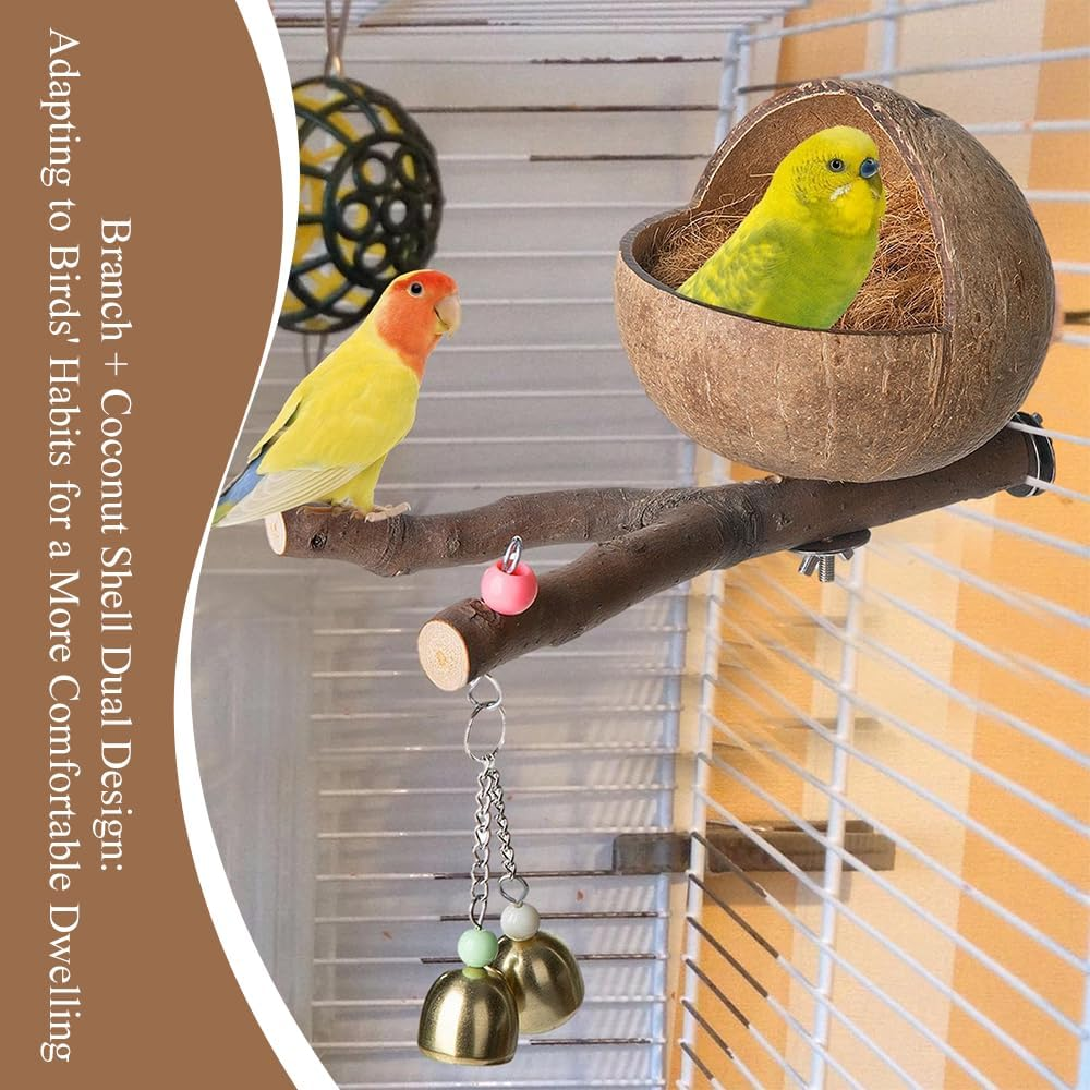 Natural Coconut Shell Bird Nest, Handmade Parrot Nesting House &ndash; Soft Fiber Lining & Durable Shell, with Pinecone/Bell Decor for Pet Birds (25 X 12 Cm)