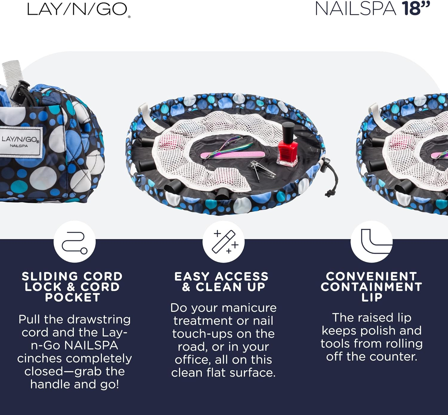 Lay-N-Go Nailspa Drawstring Cosmetic Bag - Portable Nail Supplies Organizer Bag W/ 8 Elastic Mesh Pockets & Circular Center - Durable, Machine Washable Nail Kit Organizer, Dot Calm (Blue), 18 Inch image number 3