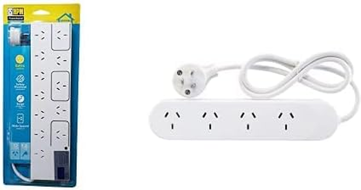 HPM 12 Outlet Surge Protected Powerboard, White + Standard 4 Outlet Powerboard White
