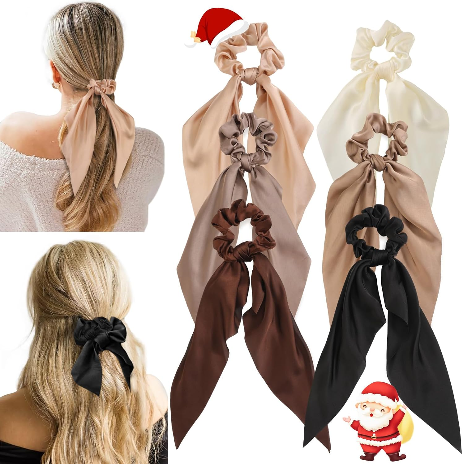 6 PCS Bow Silk Scrunchies, Hair Ties with Bows, Hair Scrunchies for Women Girls, Knotted Bows Silk Hair Ties, Satin Hair Ribbon Elastic Hair Tie, Valentine'S Day Gifts image number 5