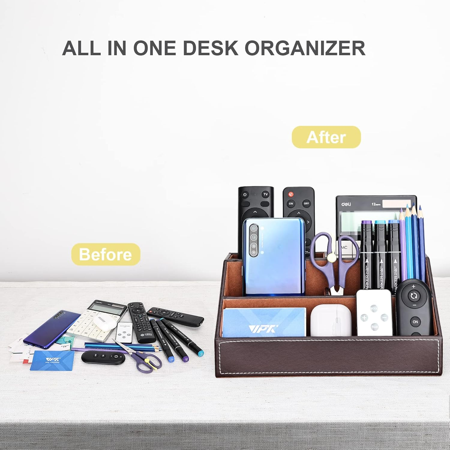 KINGFOM Home Office Wooden Struction Leather Multi-Function Desk Stationery Organizer Storage Box, Pen/Pencil,Cell Phone, Business Name Cards, Note Paper, Remote Control Holder