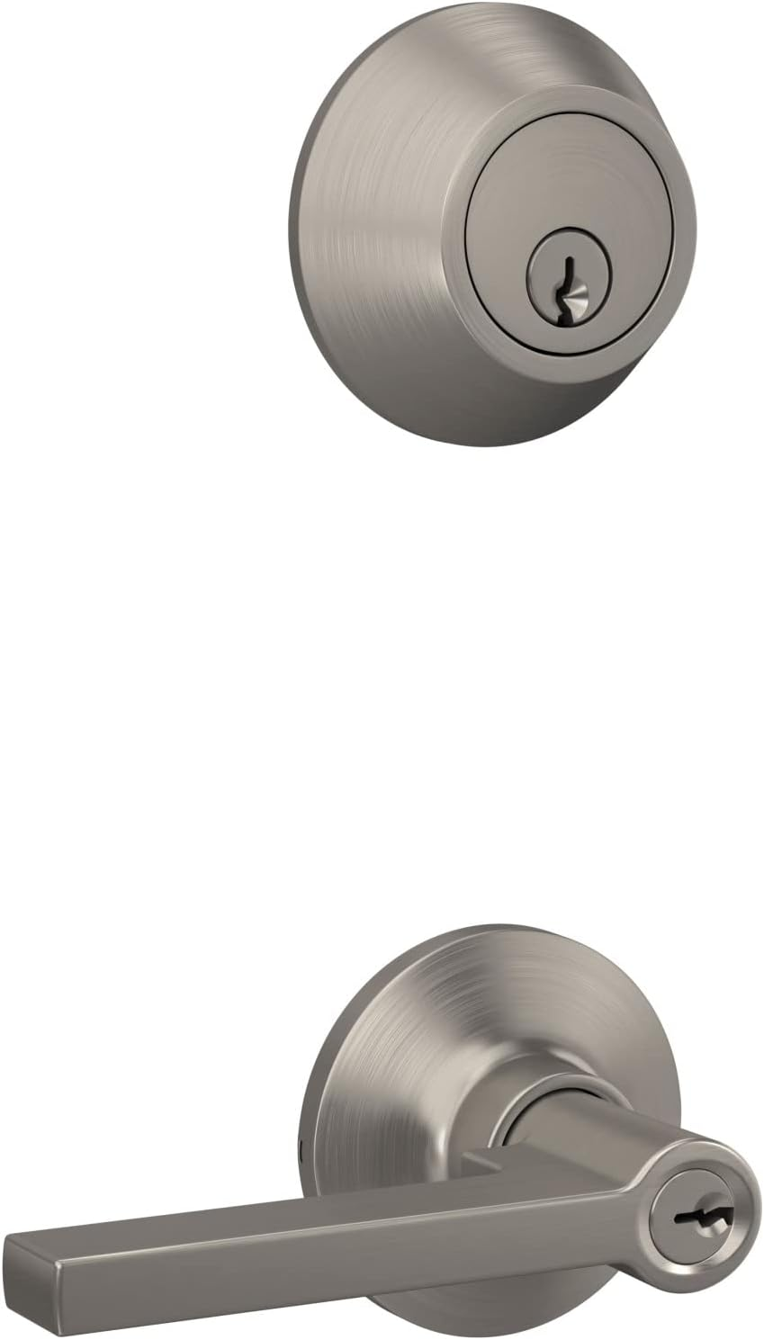 Lock Scout Straight Lever with round Trim Keyed Entry Door Handle and Single Cylinder Deadbolt, Satin Nickel Finish image number 6