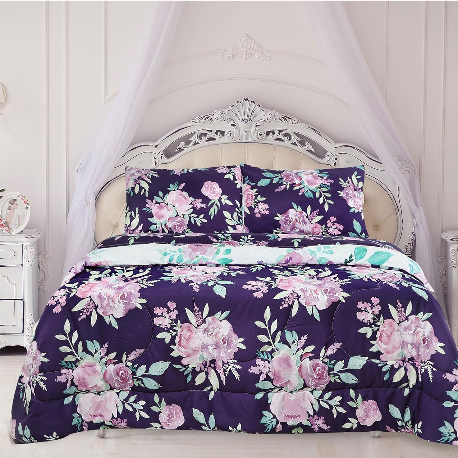 TANOFAR Queen Comforter Set, Purple Bedding Comforter Sets, All Season Bed Set Queen Size, 3 Pieces, 1 Soft Reversible Flowers Comforter and 2 Pillow Shams, Cozy & Lightweight