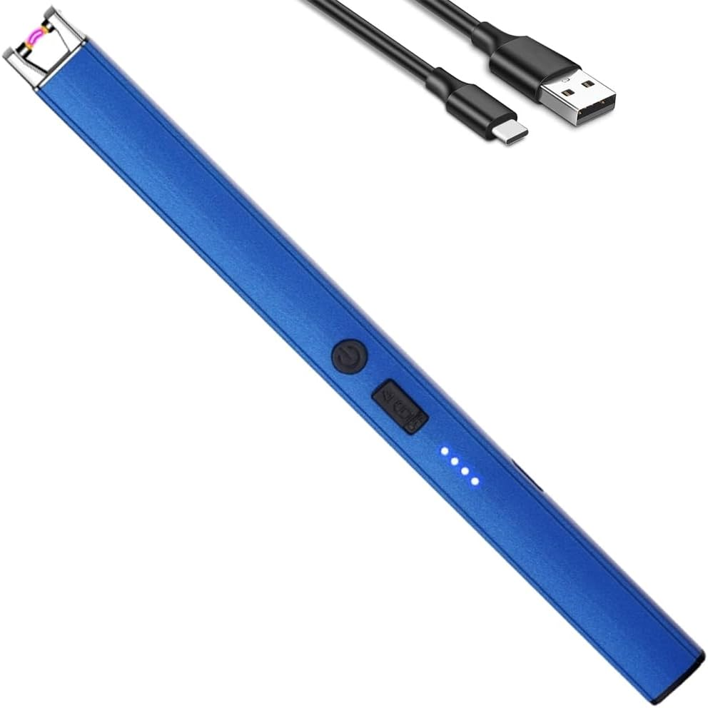 Lighter Electric Candle USB Type C Rechargeable Lighter with Upgraded LED Battery Display Safety Switch Flameless Plasma Windproof for Cooking Bbqs Fireworks, Gifts for Women Men Mom Wife (Blue)