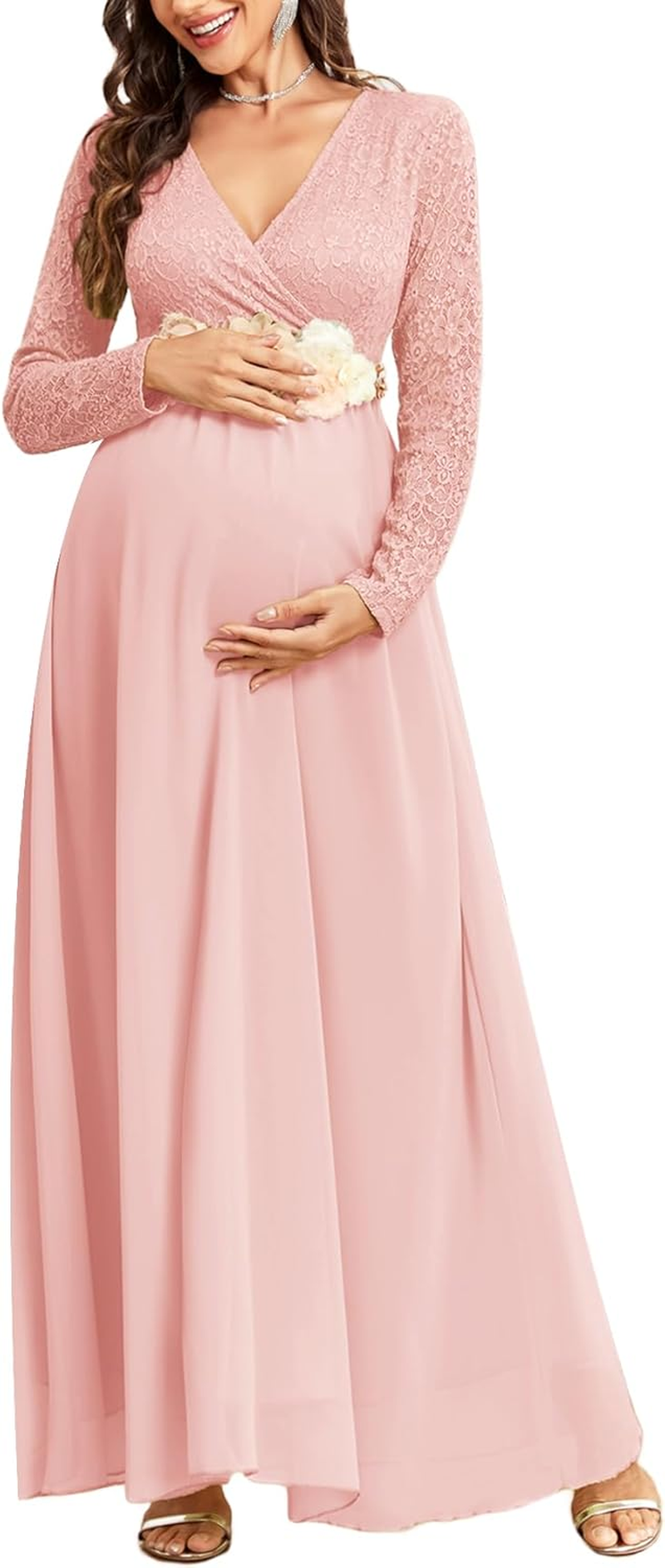 CYCLAMEN Maternity Dress Flowy A-Line Wrap Gown with Floral Lace and Contrast Chiffon Long Sleeve V Neck for Baby Shower