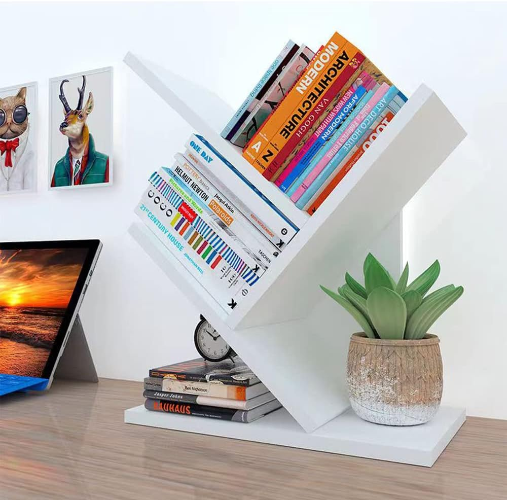 Hbluefat Book Tree Bookshelf, 3-Tier Wood Tree Small Bookcase for Desk Displaying Books, Cds, Magazines and More at Office, Home and School (White) image number 4