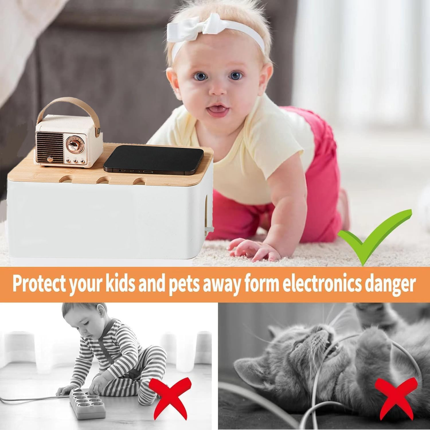 Cable Management Box with Bamboo Lid, Wires Keeper Holder, Small Cord Hider Box Cord Organizer Boxs, Power Strip Box for Desk TV Computer USB Hub System to Cover and Hide to Conceal Surge Protector image number 6