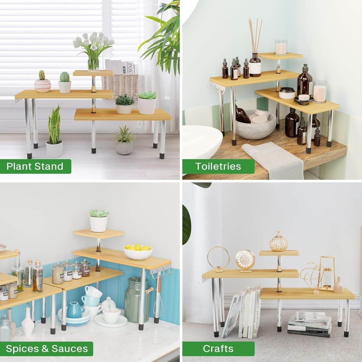 9SHOME Kitchen Corner Shelf Countertop Organiser, 3 Tier Adjustable Bamboo Spice Rack Organizer with Hooks, Wooden Counter Top Storage Rack for Kitchen, Bathroom, Living Room, Coffee Station image number 2