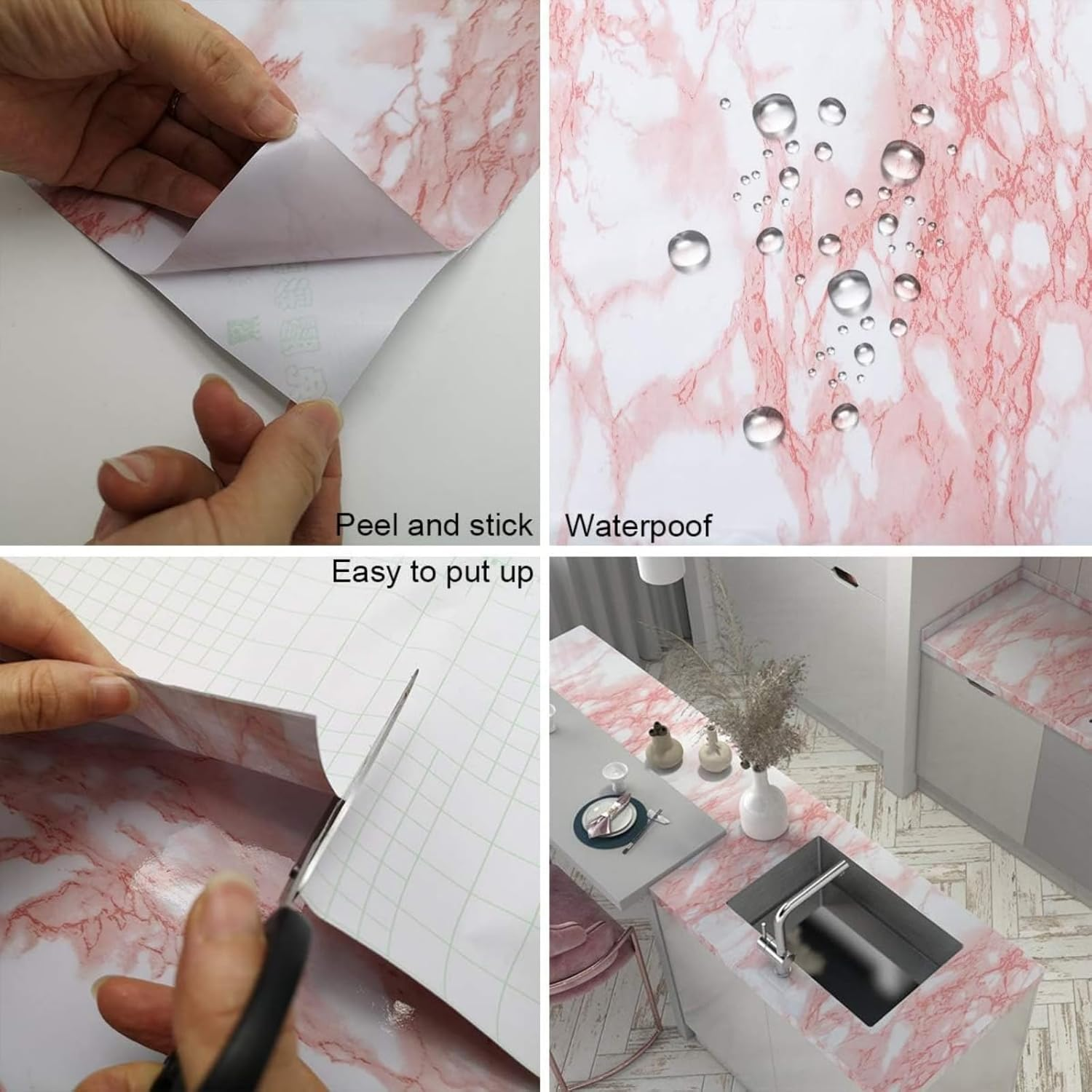 Pink Marble Self-Adhesive Wallpaper Roll - 45Cm&times;200Cm - Kitchen, Furniture, and Wall Stickers - Removable Granite Contact Paper - Ideal for Book Desk, Vanity, DIY - Waterproof image number 6