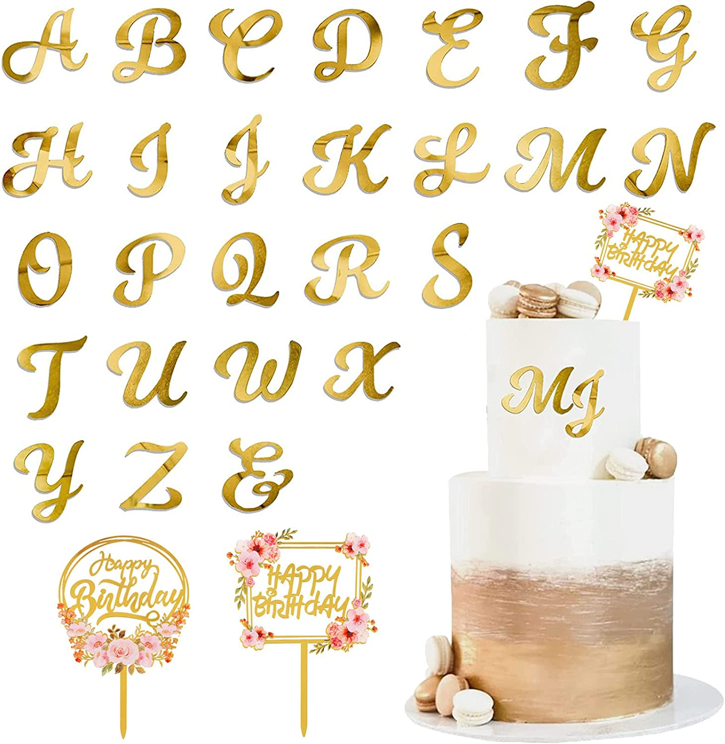 Happy Birthday Cake Toppers,Cake Decorations DIY Personalized Name,A-Z Letter Mirrored Gold Cake Decorating with Happy Birthday Plugin(29Pcs) for Party,Wedding,Baby Shower