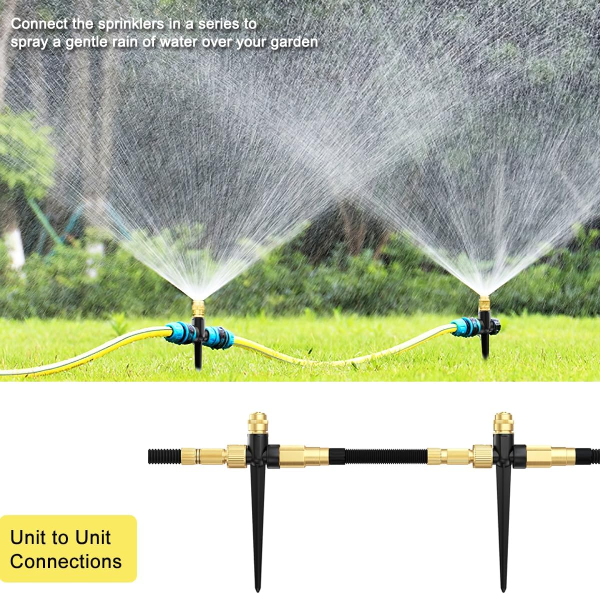 FANHAO Metal Lawn Sprinkler for Yard, 2 Pack Automatic Garden Water Sprinkler on Spike Base, Adjustable Brass Sprinkler Nozzle 360 Degree Large Area Coverage for Lawn Grass Patio Garden Irrigation image number 4