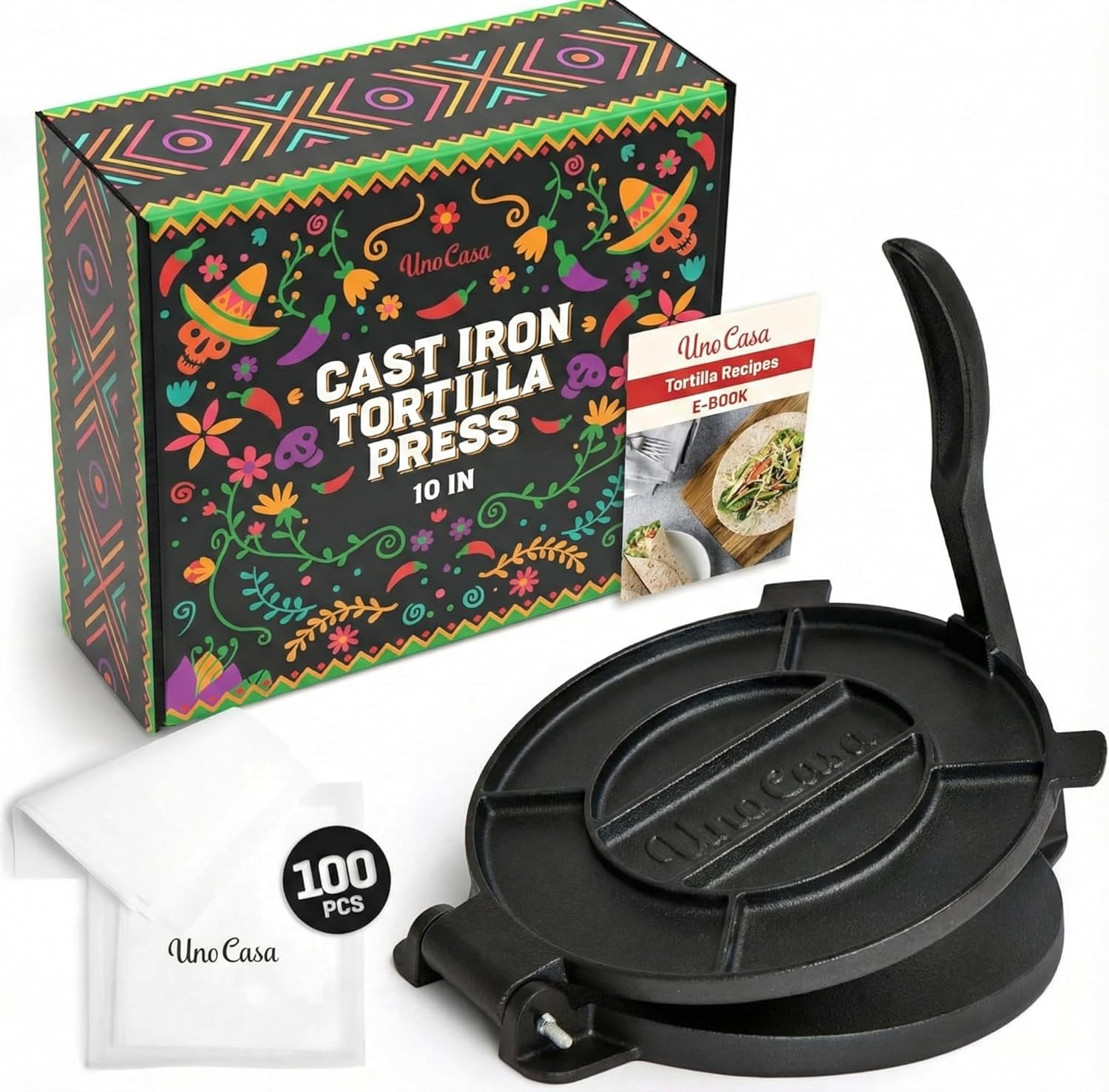 Uno Casa Cast Iron 10 Inch Tortilla Press - Roti and Tortilla Maker - Bonus 100 Pcs Parchment Paper - Pataconera for Flour Tortilla, Roti, Tawa or Dosa