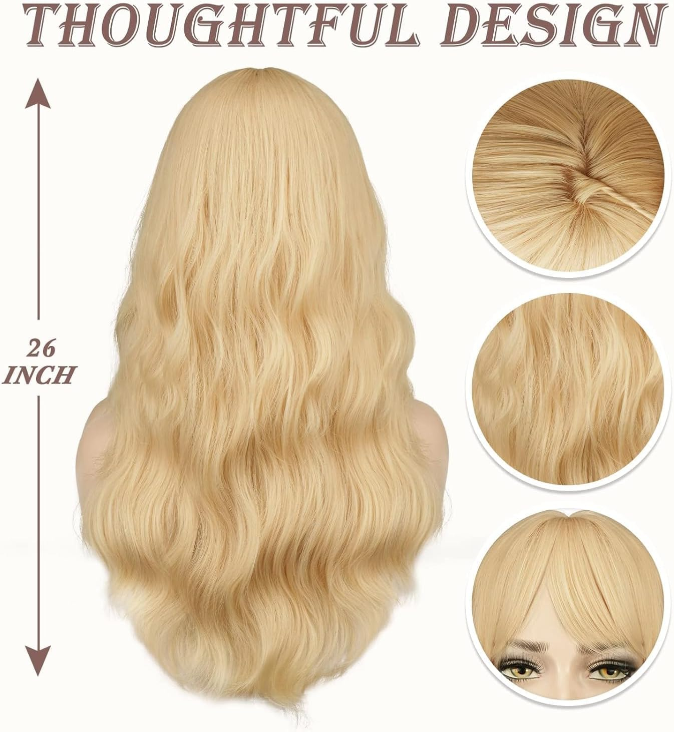 QAUARUMSUN Long Blonde Wig with Bangs 26 Inch Long Curly Wavy Wigs for Women Synthetic Blonde Hair Wigs Natural Looking Daily Cosplay Party Halloween（Wavy） image number 3