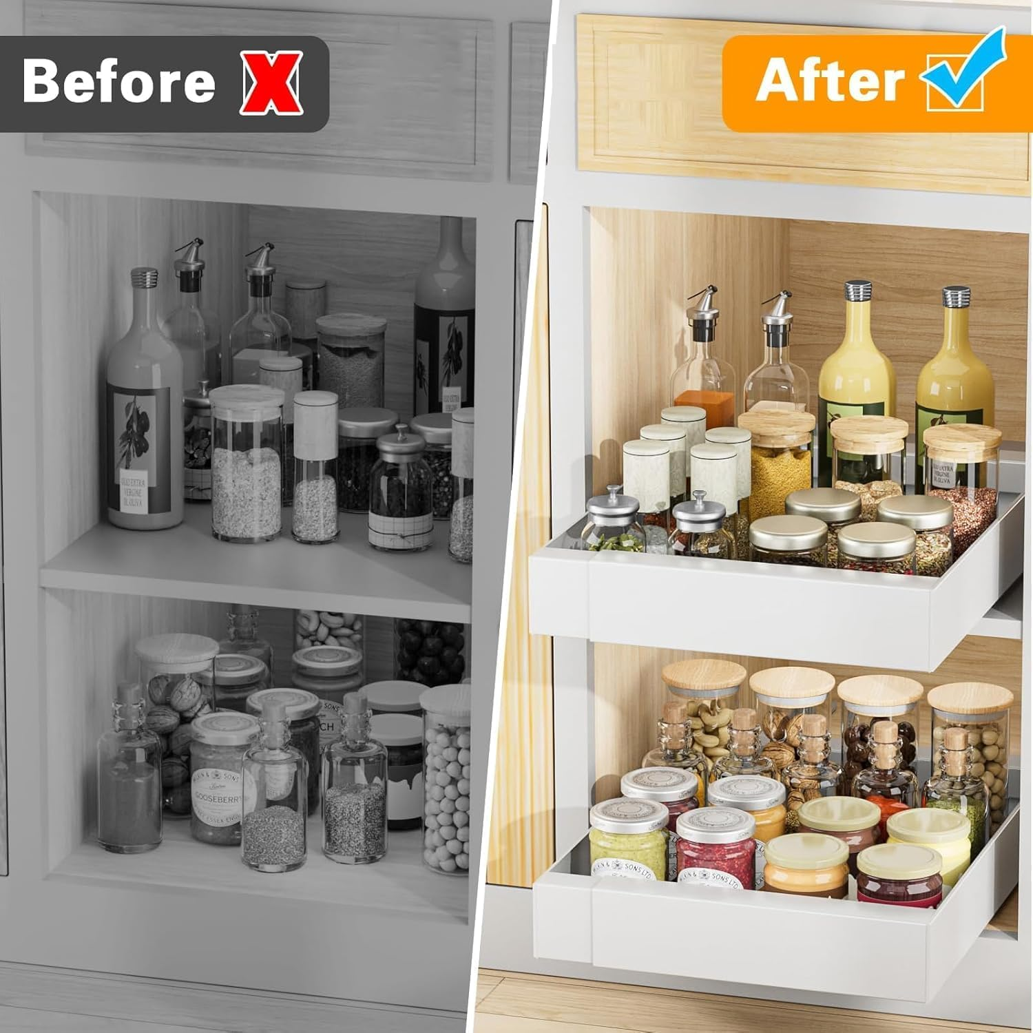 2 Pack Pull Out Drawers for Cabinets Expandable. Adjustable Width (32-52Cm), 42Cm Deep White Storage Drawer with 3 Slide Rails for Kitchen Pantry Cabinet, Adhesive Film Included