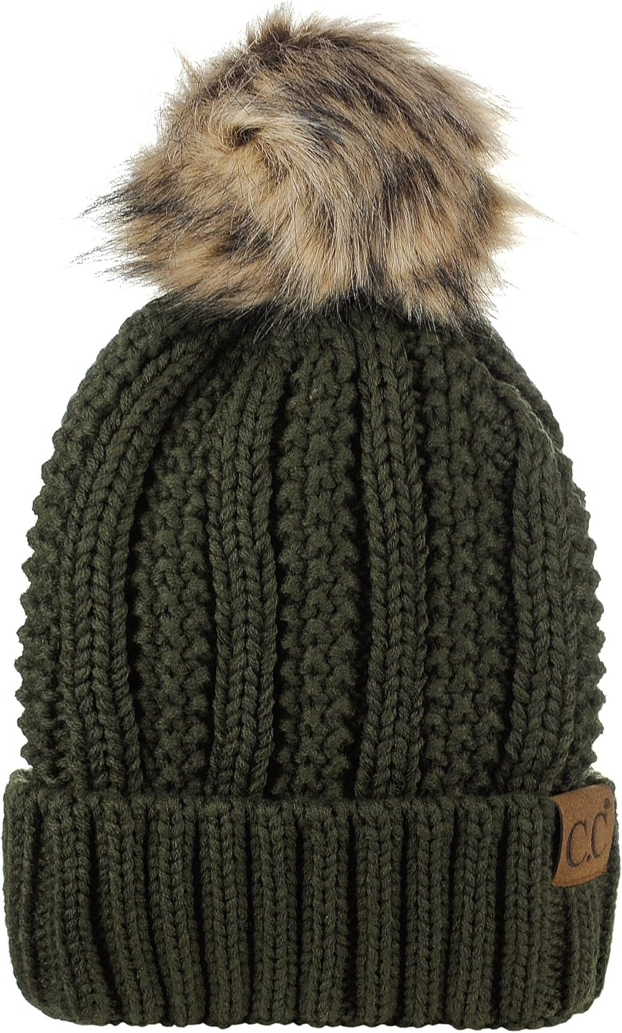 C.C Thick Cable Knit Faux Fuzzy Fur Pom Fleece Lined Skull Cap Cuff Beanie