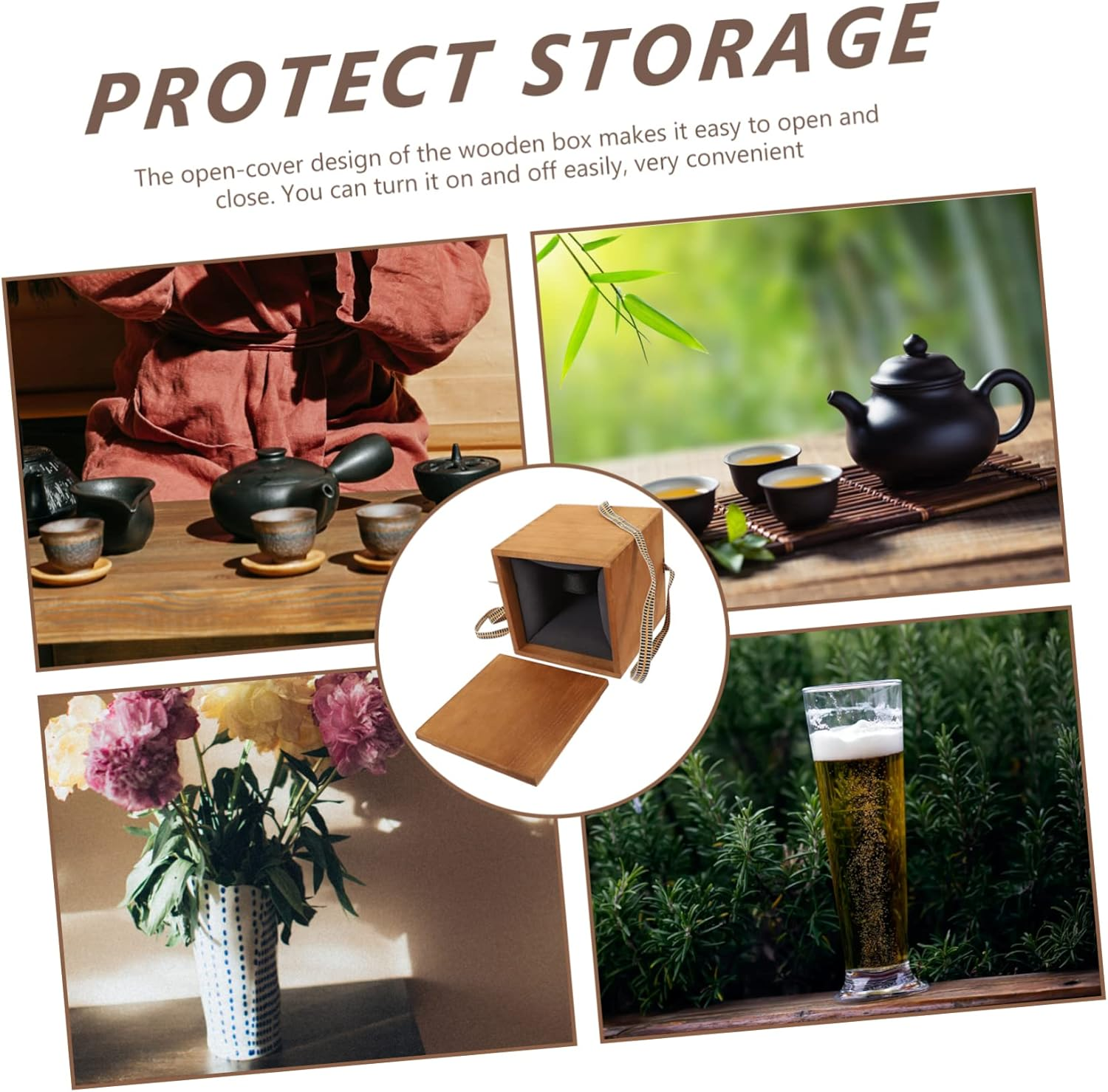 Vintage Style Ceramic Teacup and Vase Wooden Storage Box Lid Packaging Wooden Keepsake Box for Home Sundries and Decorative Display