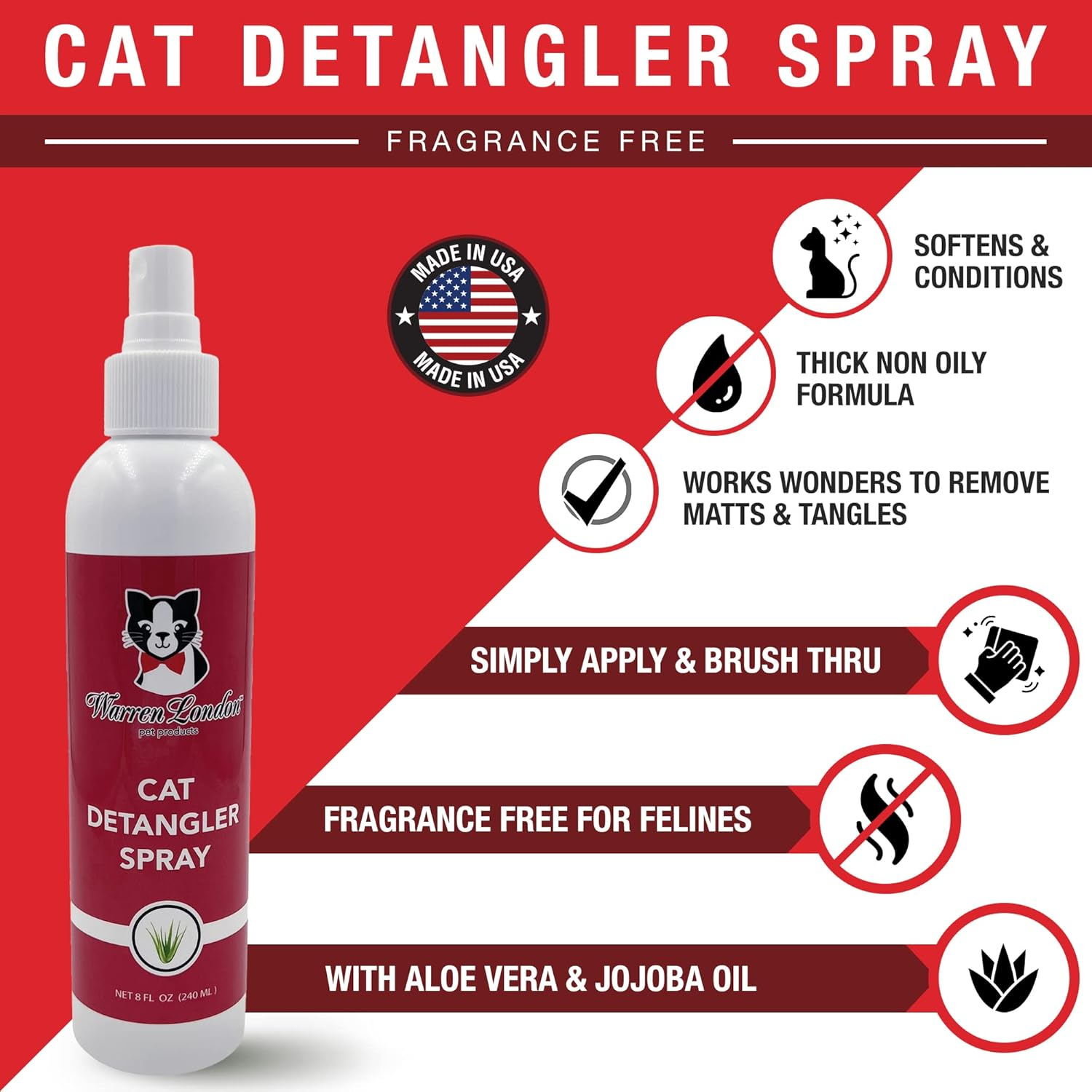 Warren London Cat Detangler Spray for Matted Hair | Leave in Conditioner Pet Detangling Spray That Demattes & Refreshes | Use with Cat Brush or Grooming Glove | Made in USA | 8Oz image number 4