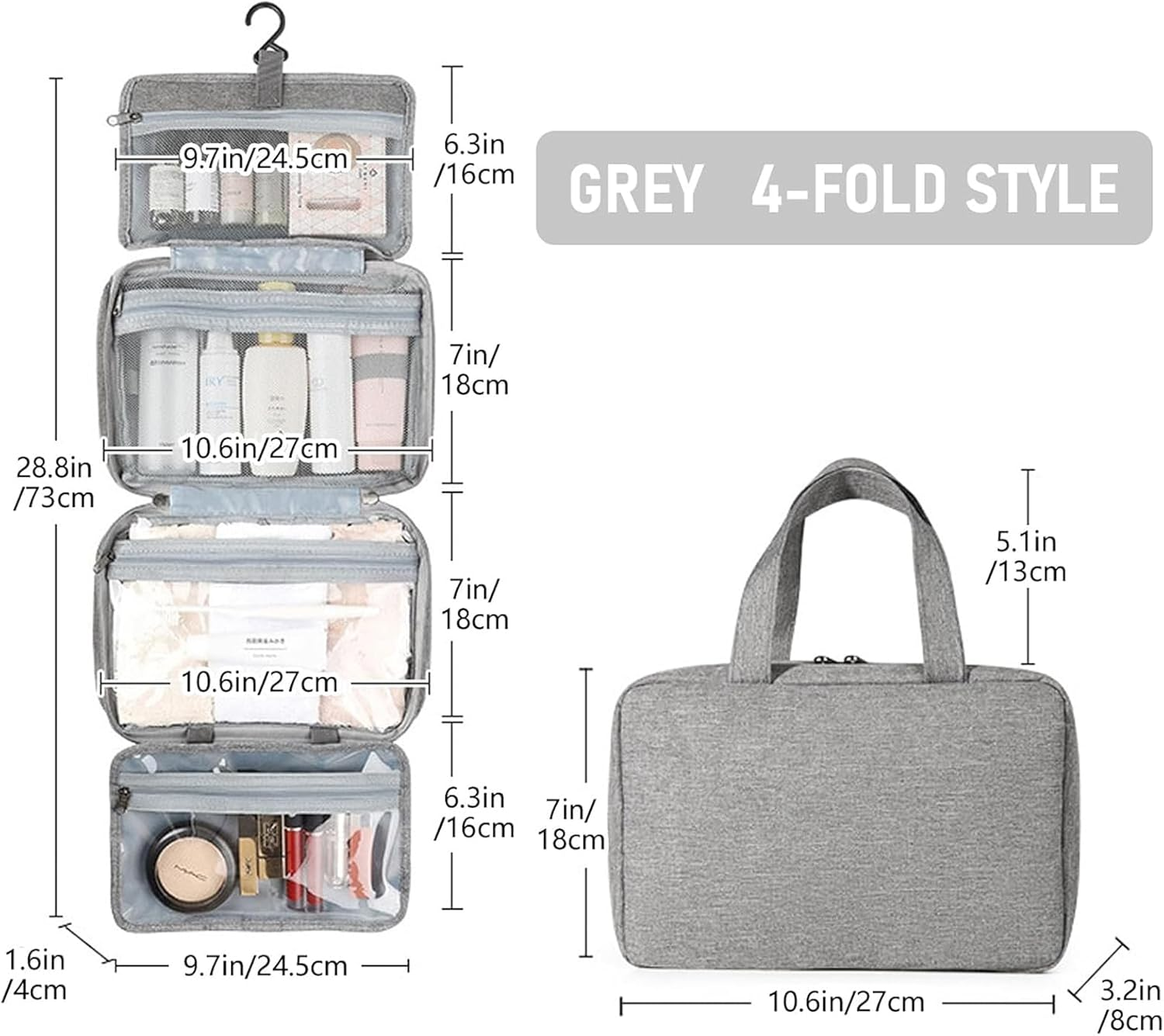 Hanging Travel Toiletry Bag for Women & Men, 4-Fold Waterproof Travel Makeup Bag with PVC Compartments, Large Capacity Cosmetic Wash Bag for Vacation Business Travel (Grey) image number 5